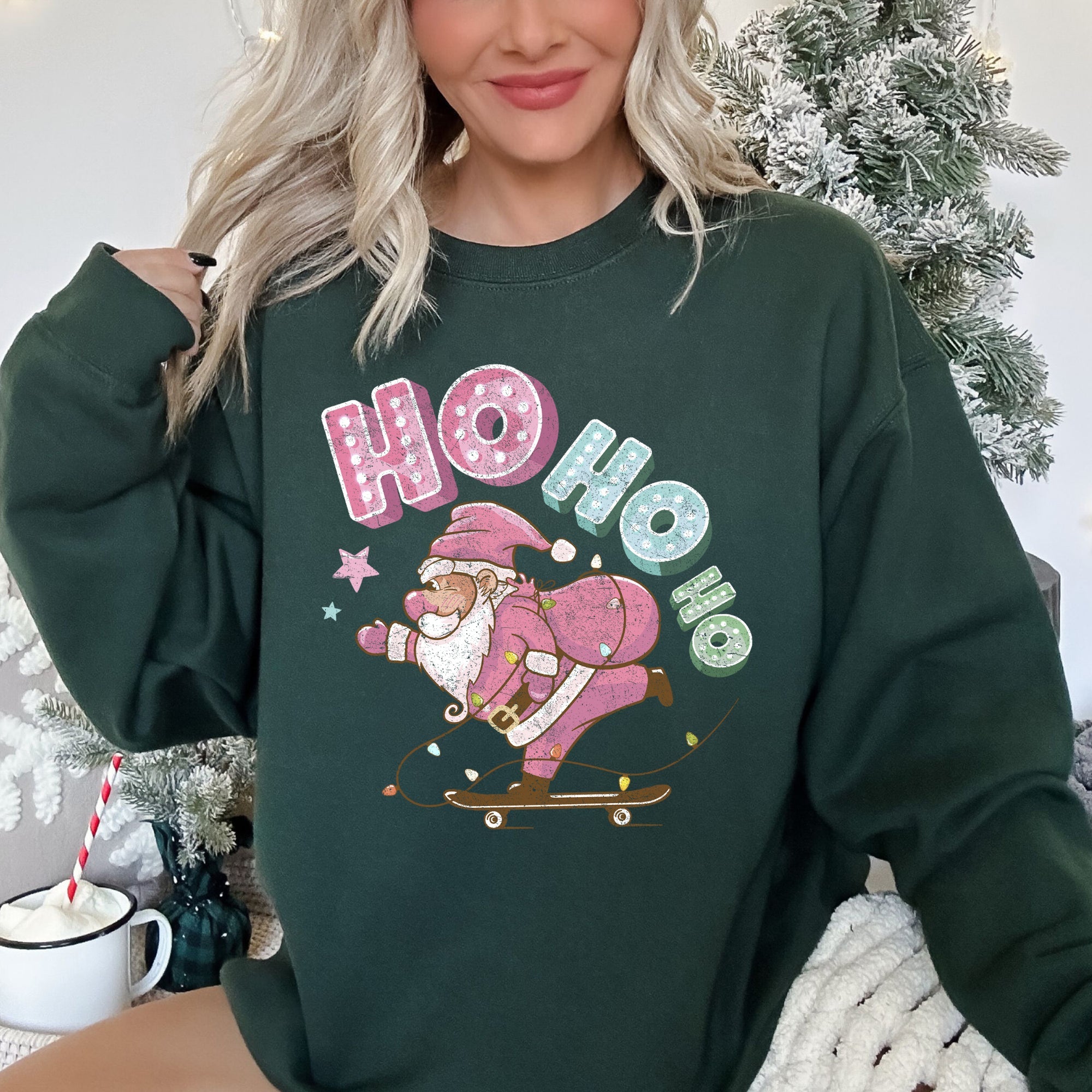 Ho Ho Ho Pink Skateboarding Santa Festive Holiday Cheer Retro Graphic Classic Sweatshirt