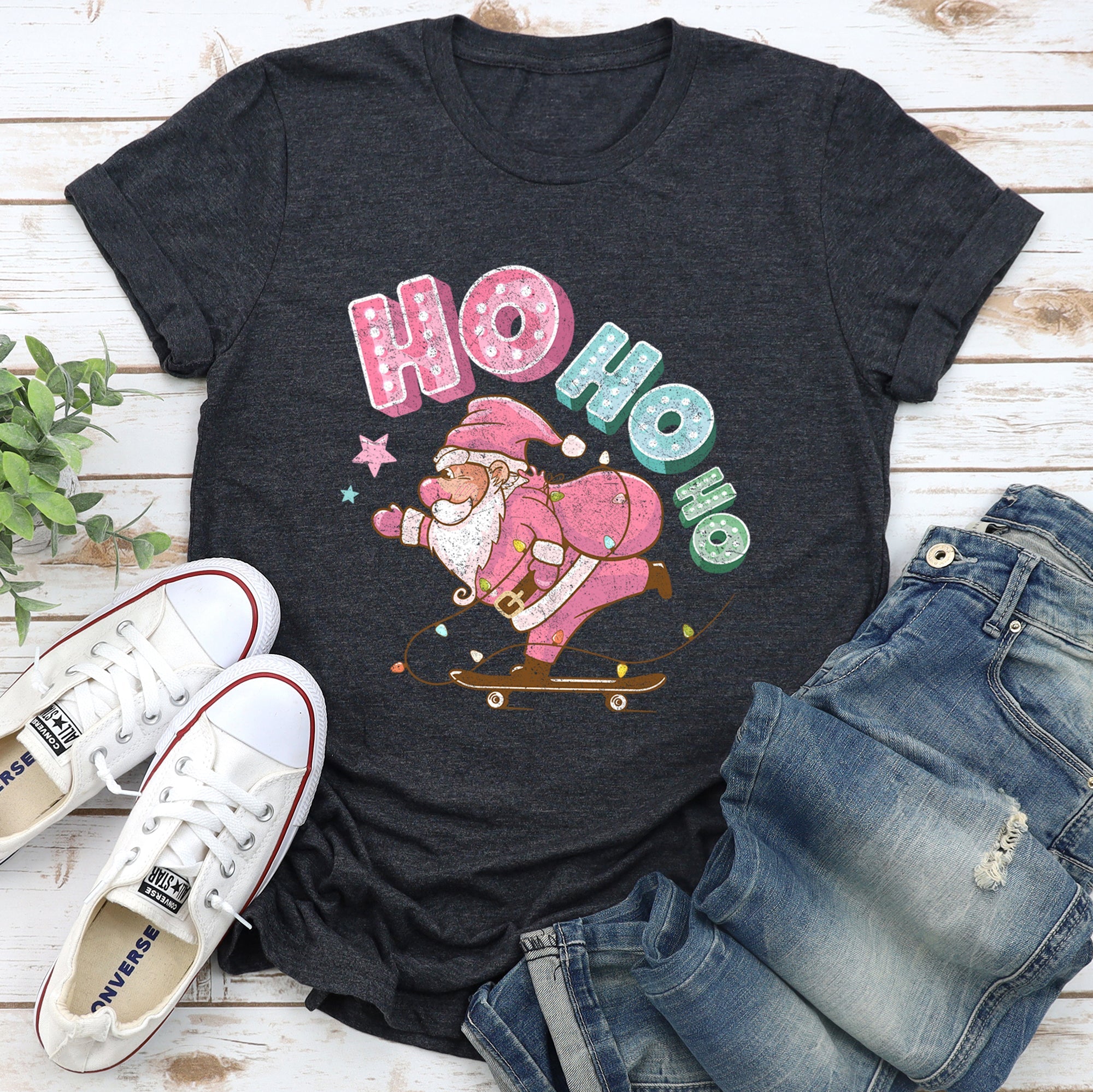 Ho Ho Ho Pink Skateboarding Santa Christmas Retro Vintage Bold Limited Classic Graphic Tee