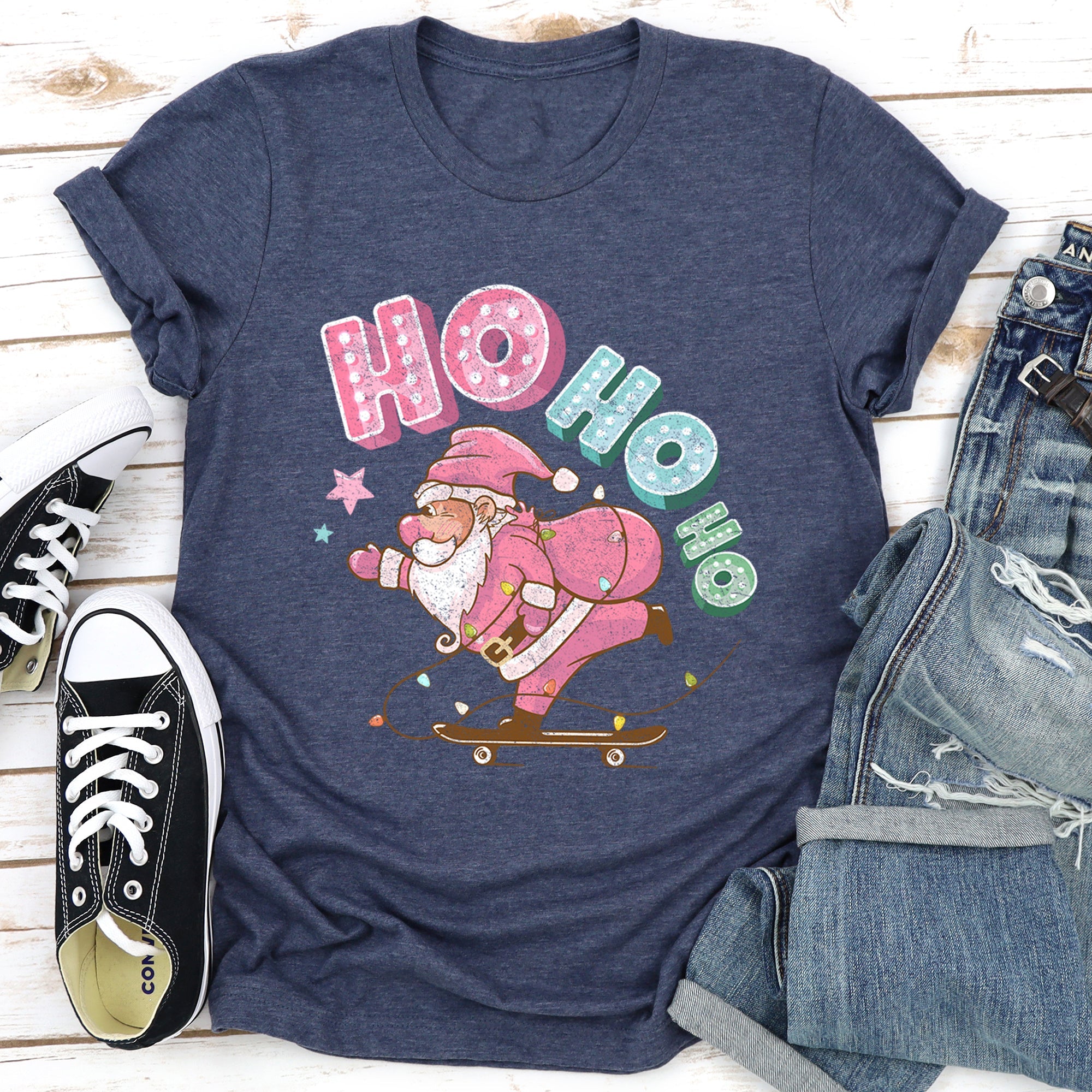 Ho Ho Ho Pink Skateboarding Santa Christmas Retro Vintage Bold Limited Classic Graphic Tee