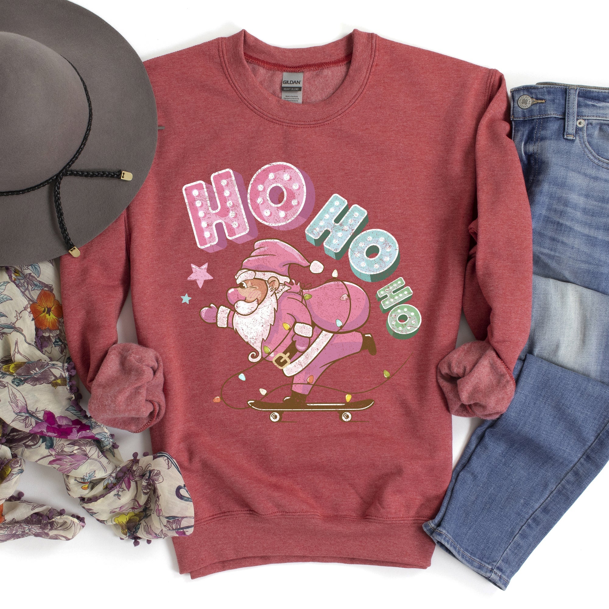 Ho Ho Ho Pink Skateboarding Santa Festive Holiday Cheer Retro Graphic Classic Sweatshirt