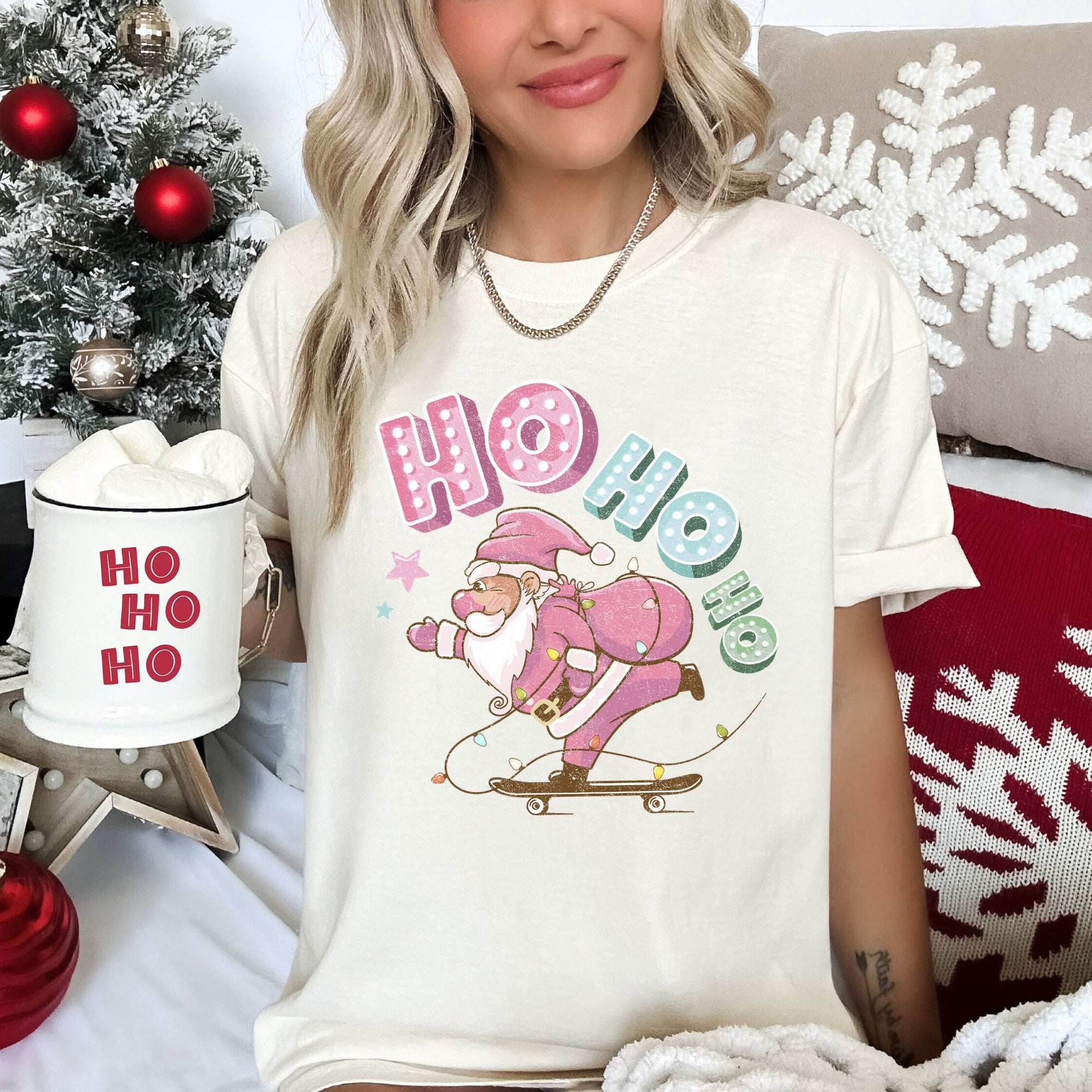 Ho Ho Ho Pink Skateboarding Santa Retro Christmas Graphic Holiday Edition Comfort Colors Tee