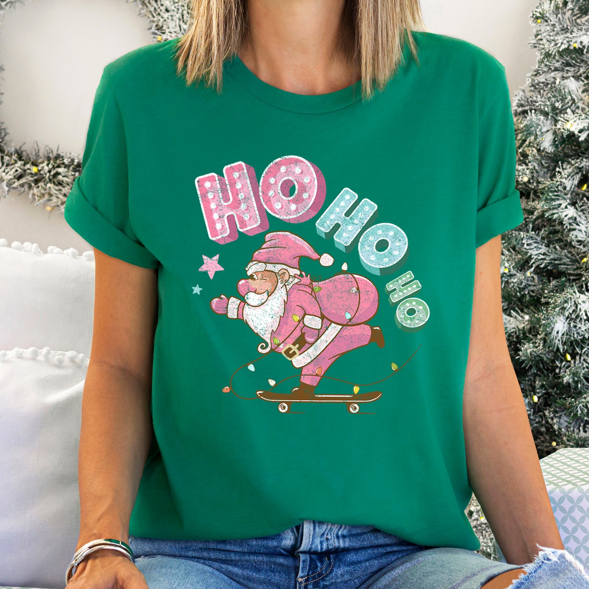 Ho Ho Ho Pink Skateboarding Santa Christmas Retro Vintage Bold Limited Classic Graphic Tee