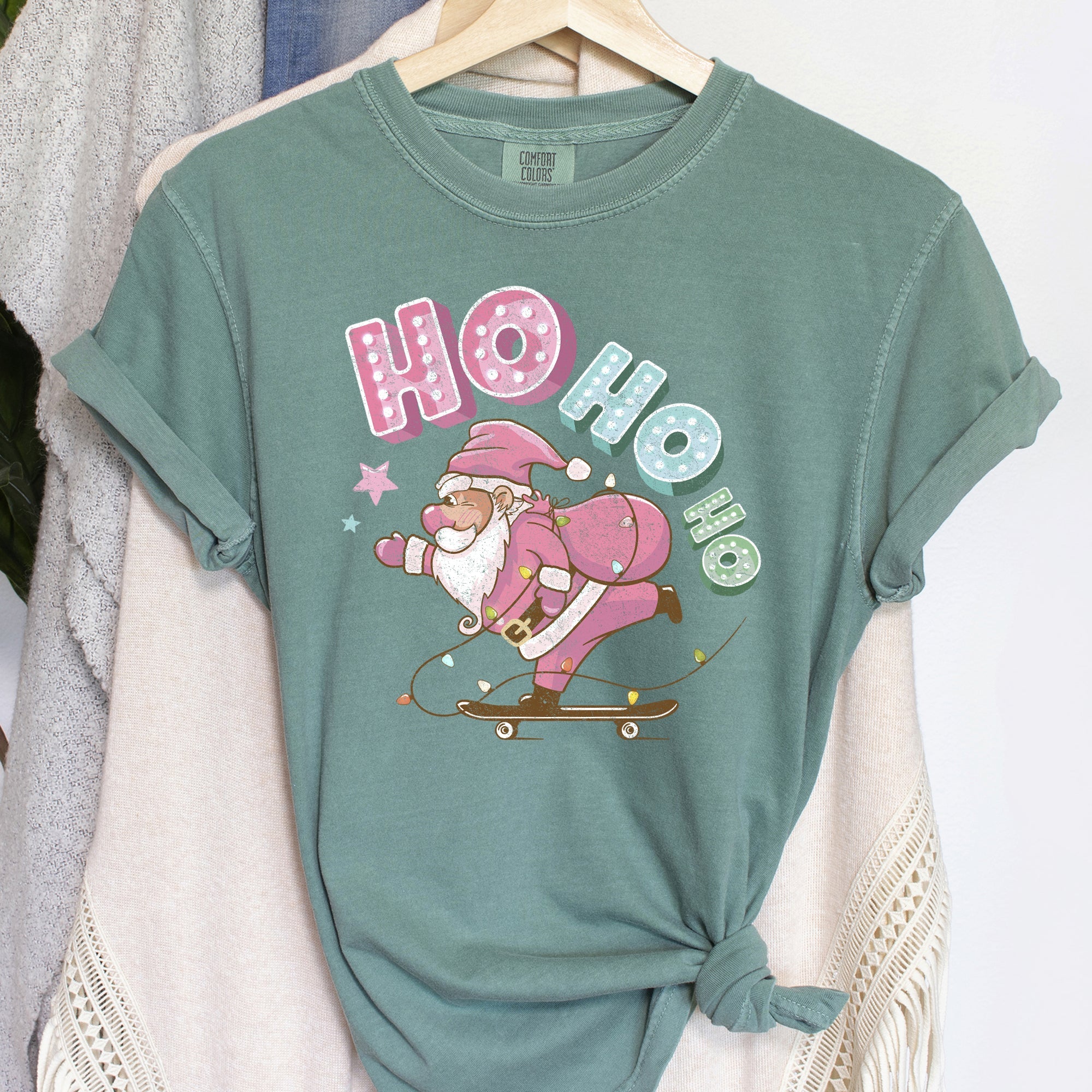 Ho Ho Ho Pink Skateboarding Santa Retro Christmas Graphic Holiday Edition Comfort Colors Tee