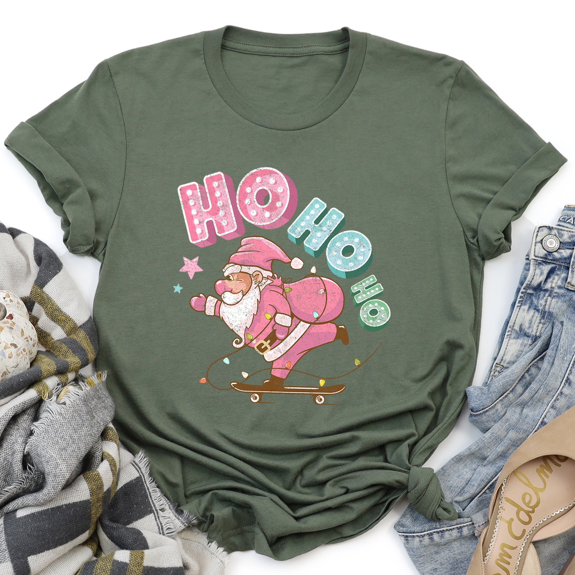 Ho Ho Ho Pink Skateboarding Santa Christmas Retro Vintage Bold Limited Classic Graphic Tee