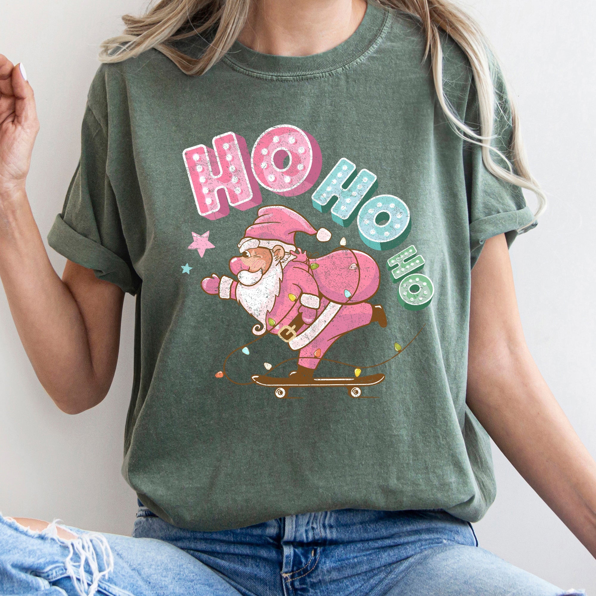 Ho Ho Ho Pink Skateboarding Santa Retro Christmas Graphic Holiday Edition Comfort Colors Tee