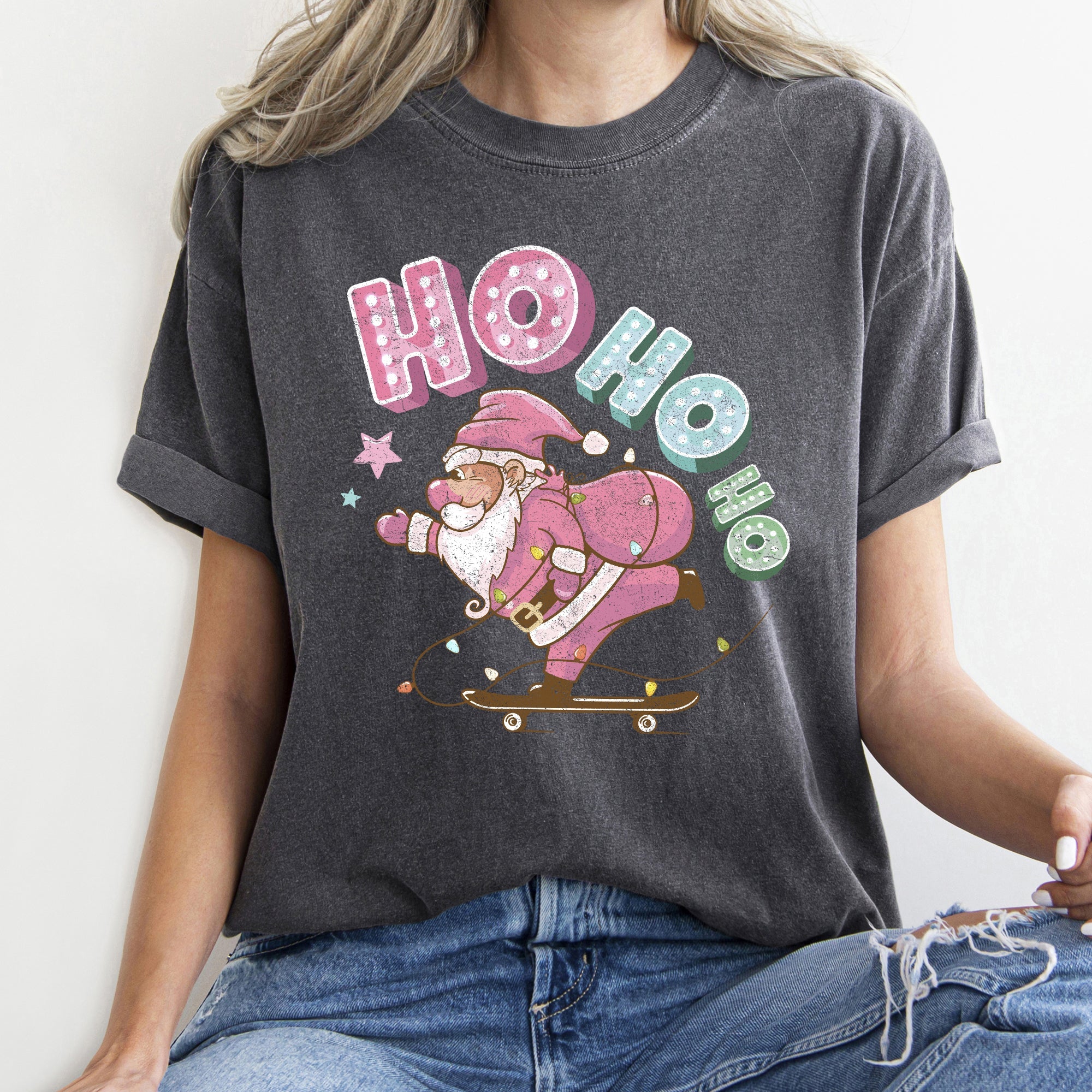 Ho Ho Ho Pink Skateboarding Santa Retro Christmas Graphic Holiday Edition Comfort Colors Tee