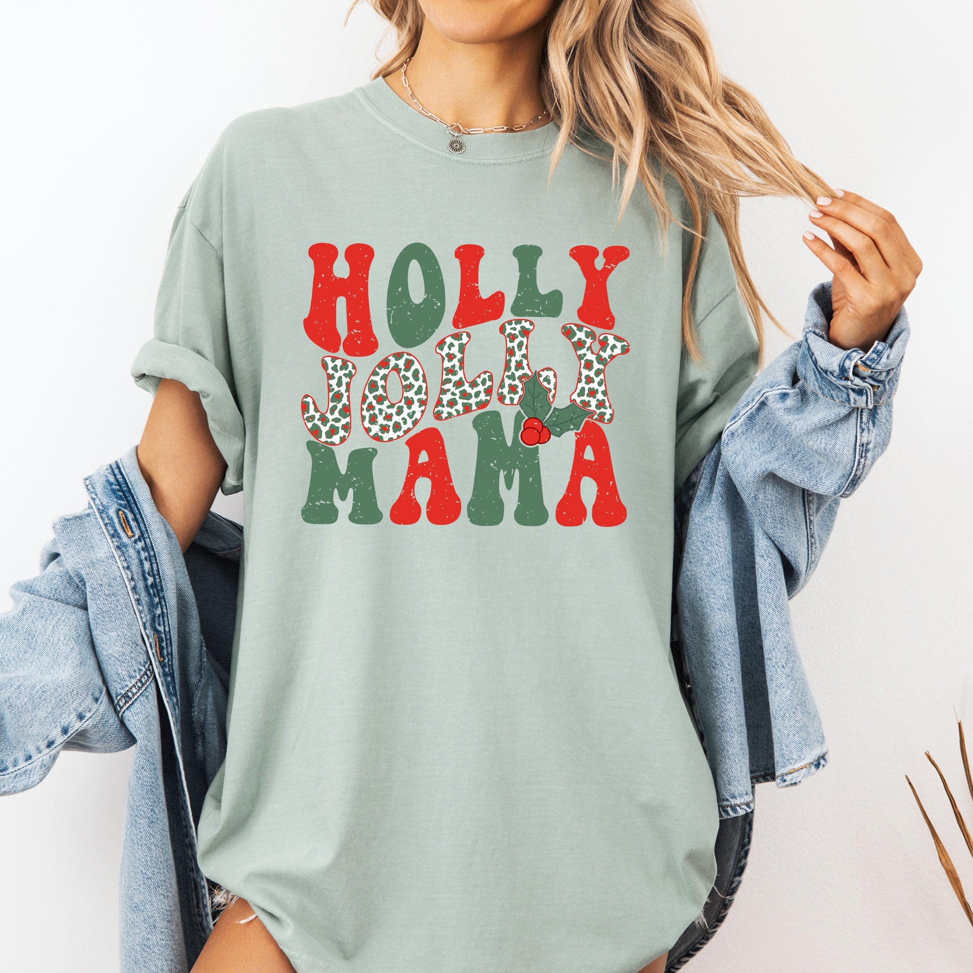 Holly Jolly Mama Christmas Santa Xmas Cozy Holiday Cheer Vintage Style Comfort Colors Tee
