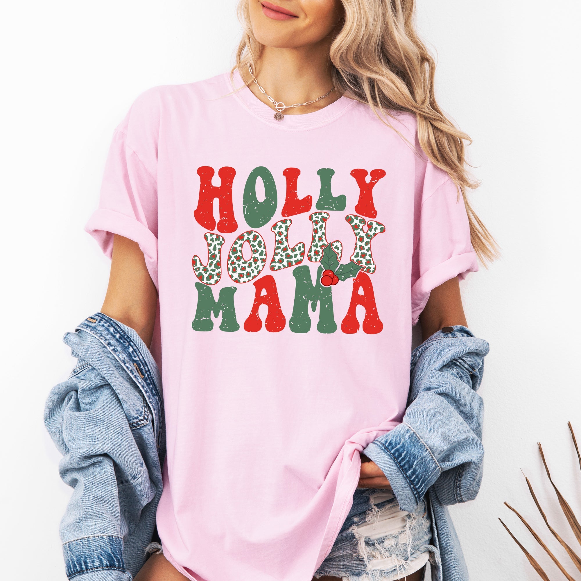 Holly Jolly Mama Christmas Santa Xmas Cozy Holiday Cheer Vintage Style Comfort Colors Tee