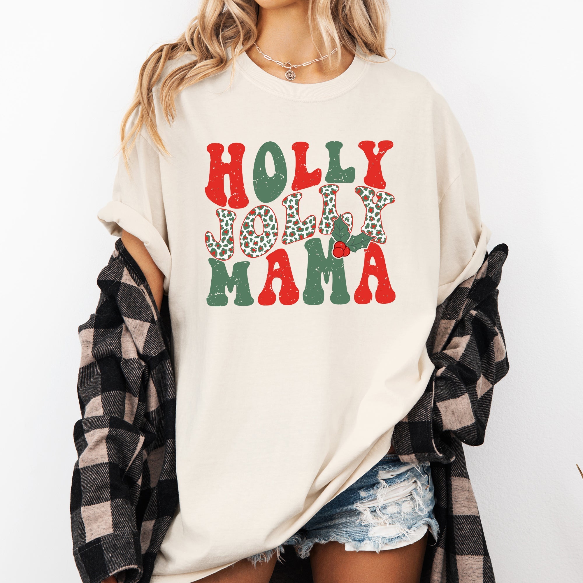 Holly Jolly Mama Christmas Santa Xmas Cozy Holiday Cheer Vintage Style Comfort Colors Tee