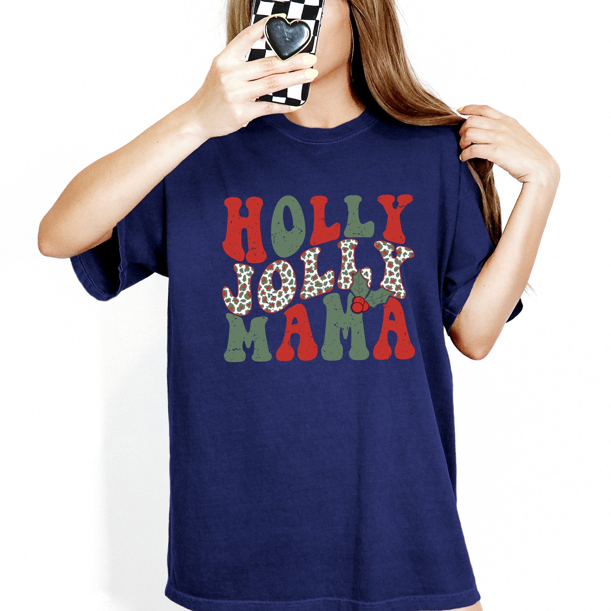 Holly Jolly Mama Christmas Santa Xmas Cozy Holiday Cheer Vintage Style Comfort Colors Tee