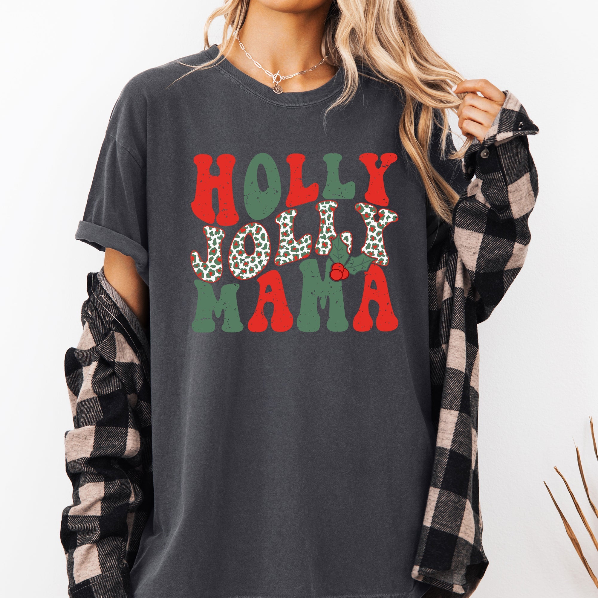 Holly Jolly Mama Christmas Santa Xmas Cozy Holiday Cheer Vintage Style Comfort Colors Tee