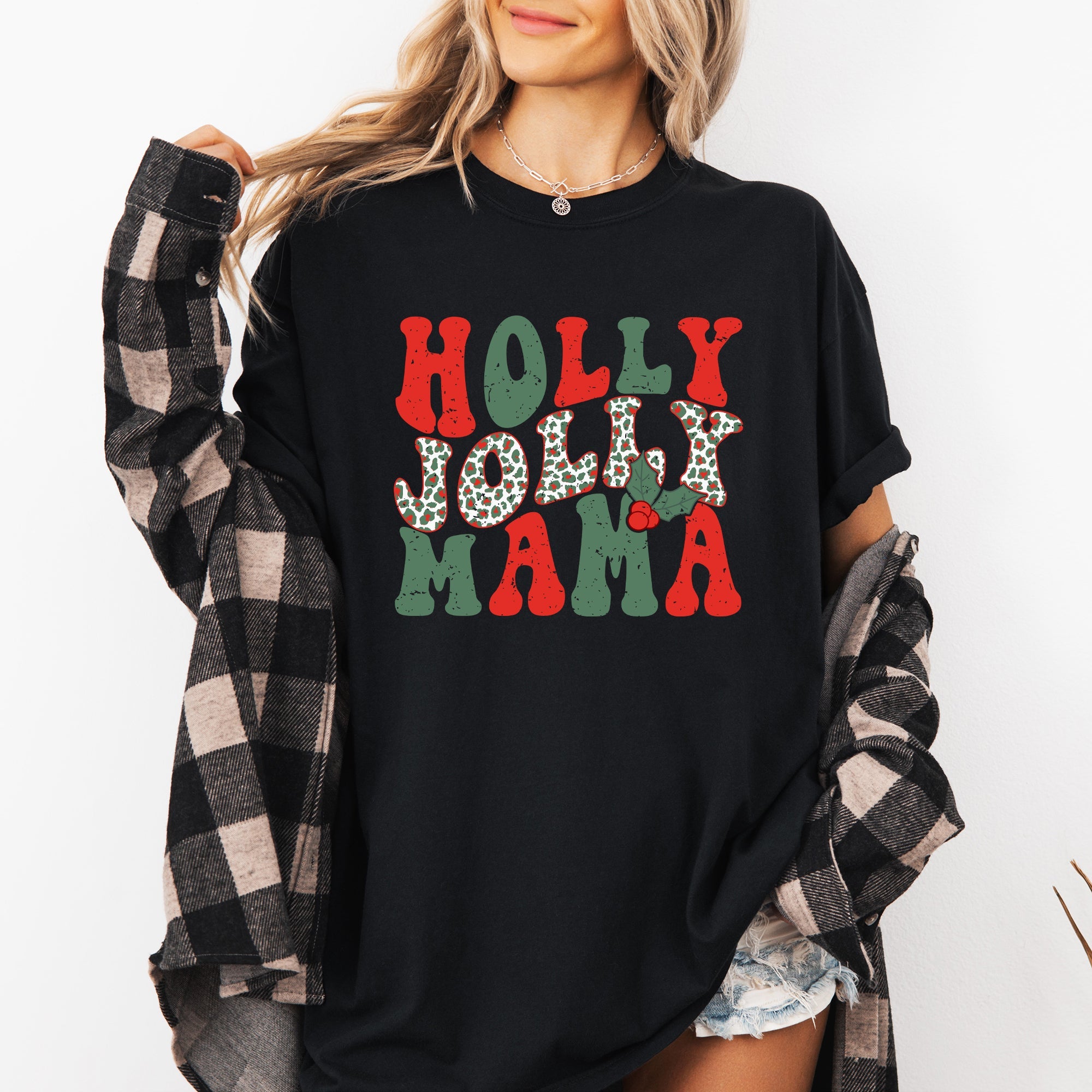 Holly Jolly Mama Christmas Santa Xmas Cozy Holiday Cheer Vintage Style Comfort Colors Tee