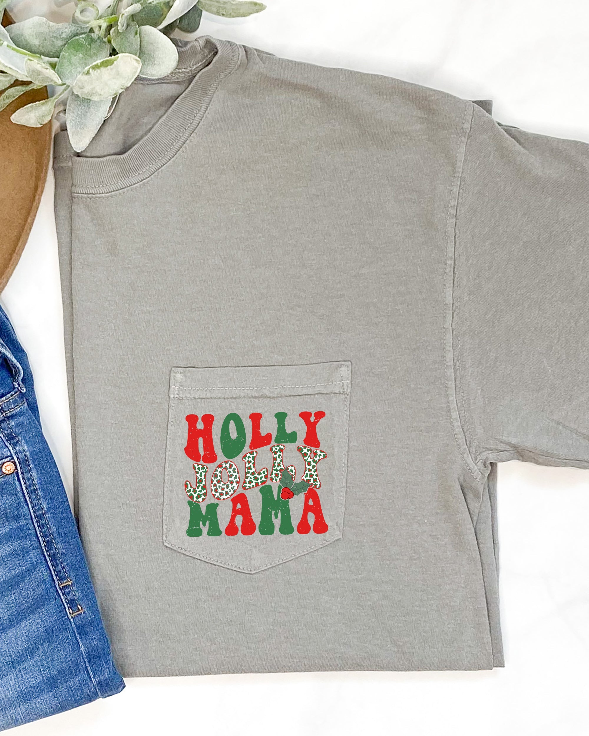 Holly Jolly Mama Pocket Christmas Winter Santa Snow Xmas Holiday Cheer Retro Comfort Colors Tee