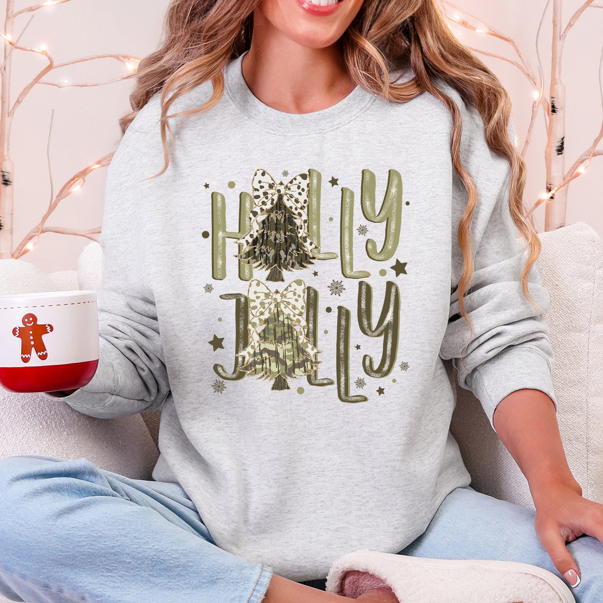 Holly Jolly Christmas Camouflage Tree Santa Dalmatian Ribbons And Bows Cozy Holiday Sweatshirt