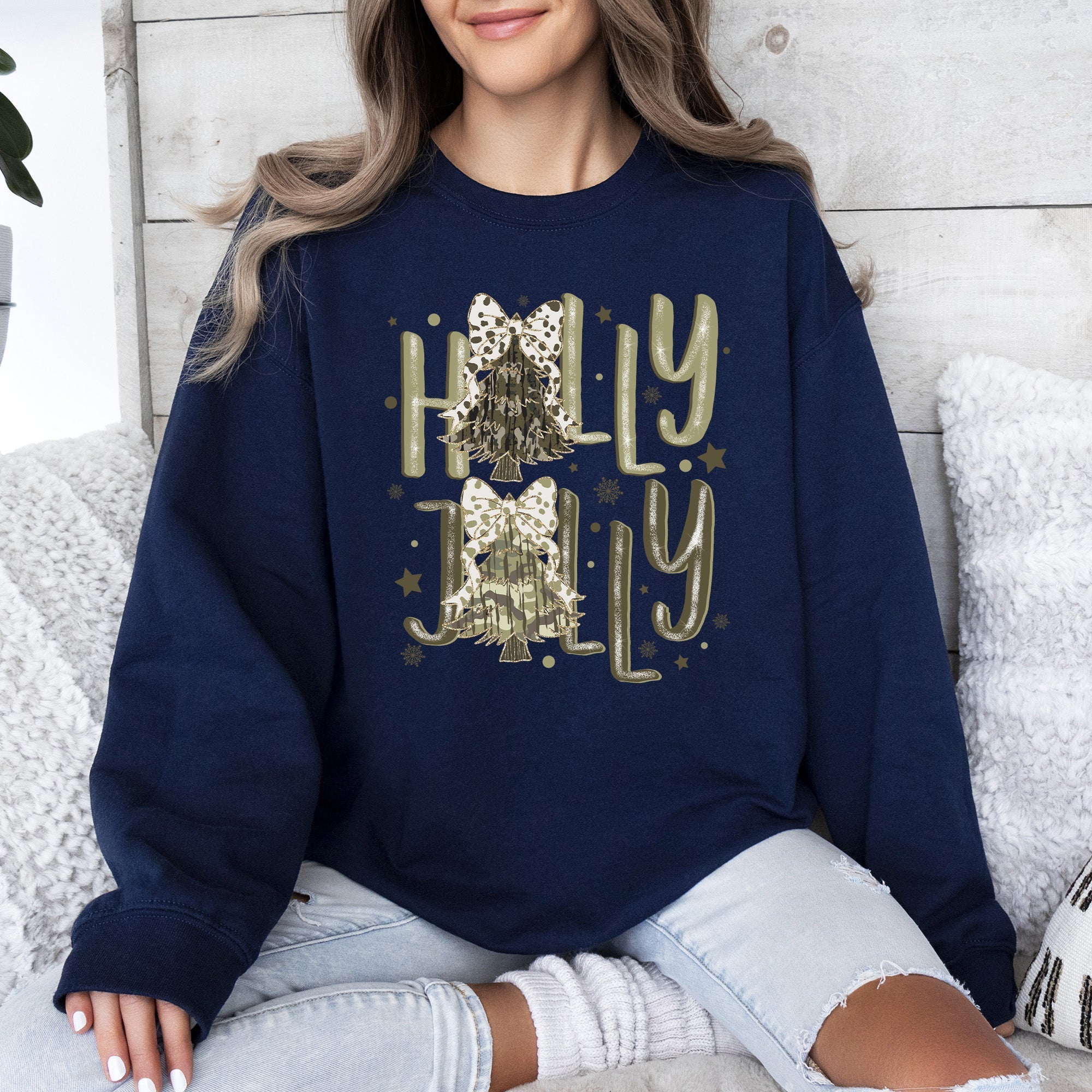 Holly Jolly Christmas Camouflage Tree Santa Dalmatian Ribbons And Bows Cozy Holiday Sweatshirt