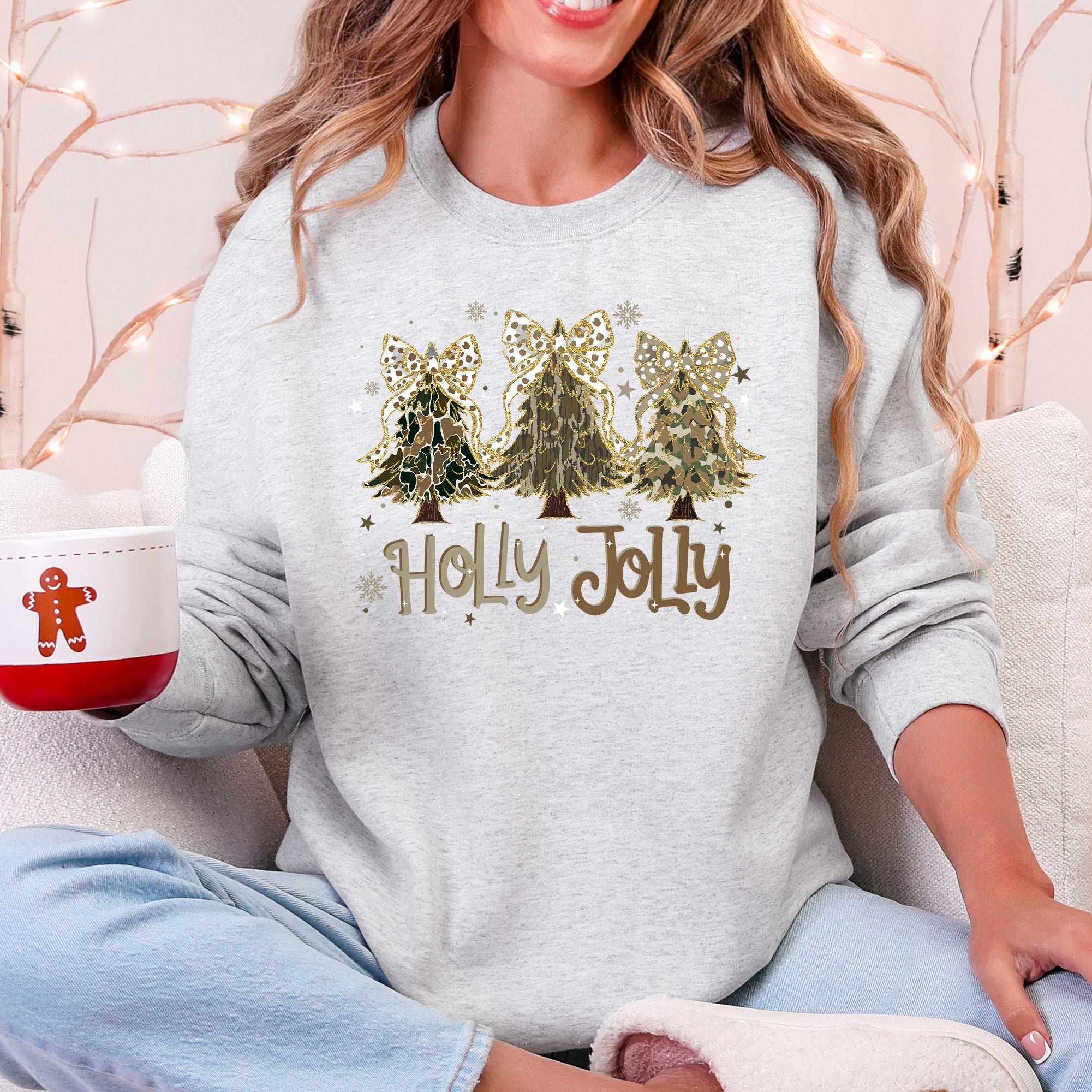 Holly Jolly Camo Christmas Tree Santa Ribbons Bows Cozy Christmas Cheer Sweatshirt