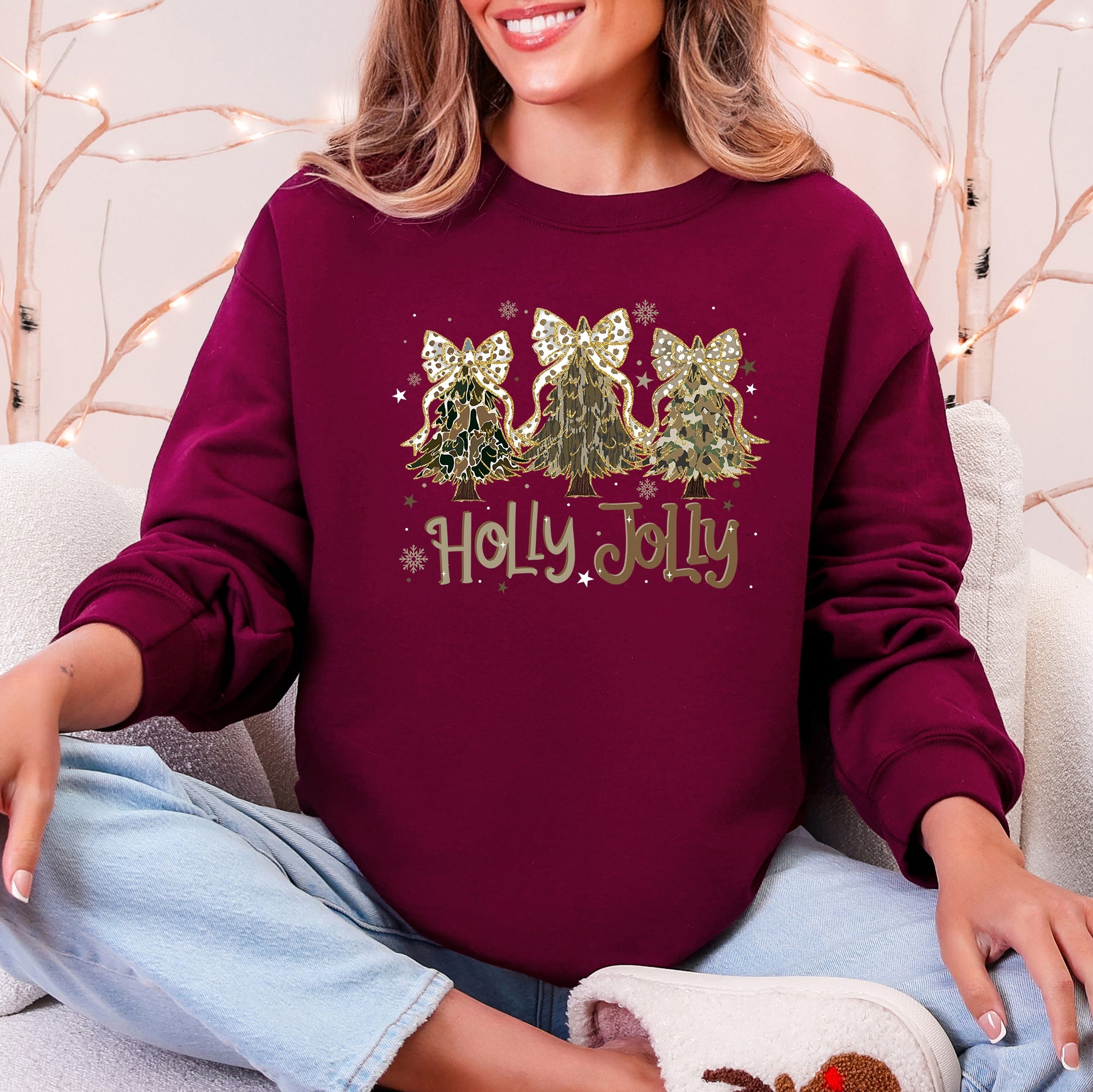 Holly Jolly Camo Christmas Tree Santa Ribbons Bows Cozy Christmas Cheer Sweatshirt