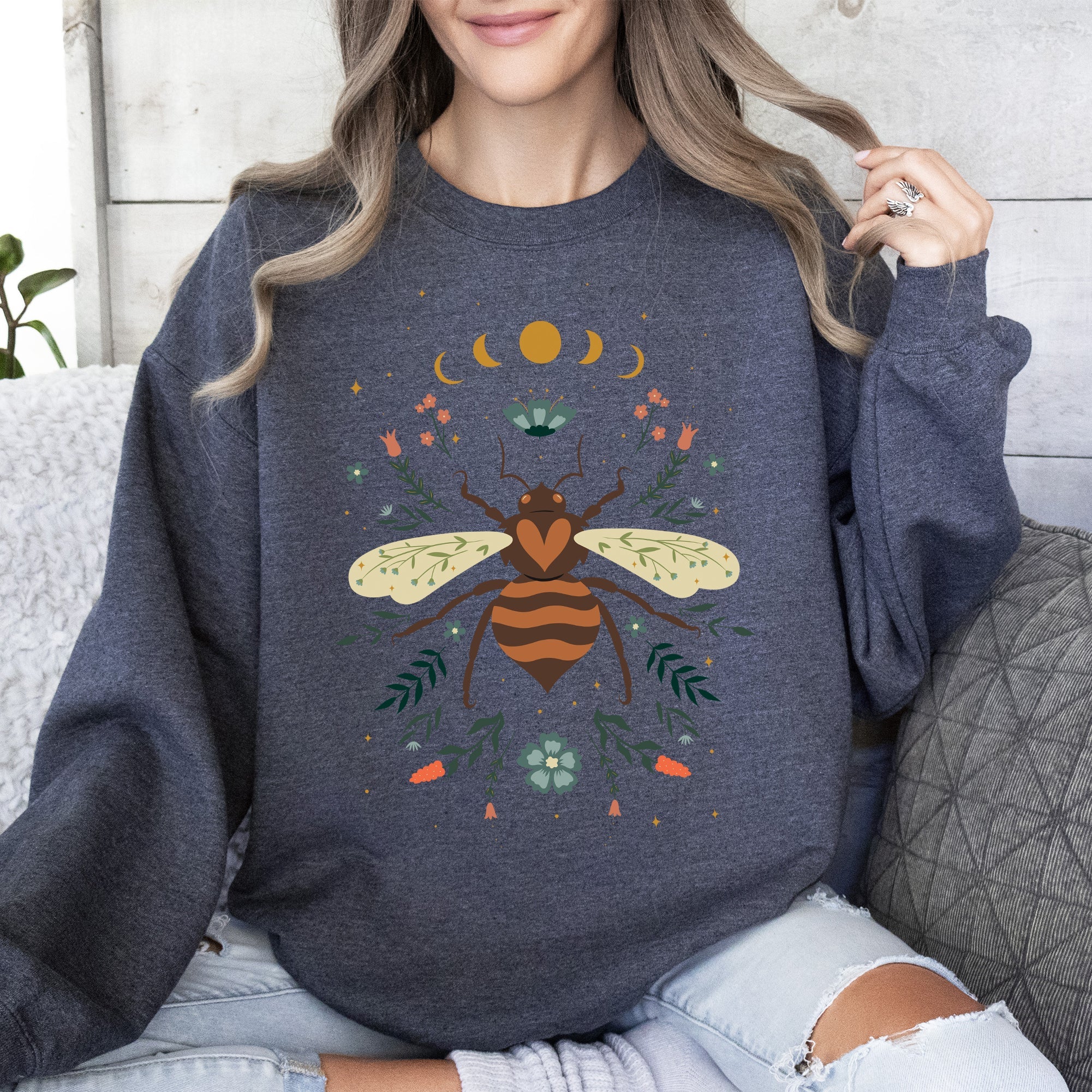 Honey Bee, Forest Moon, Botanical Design Graphic Nature Inspired Cozy Sweatshirt