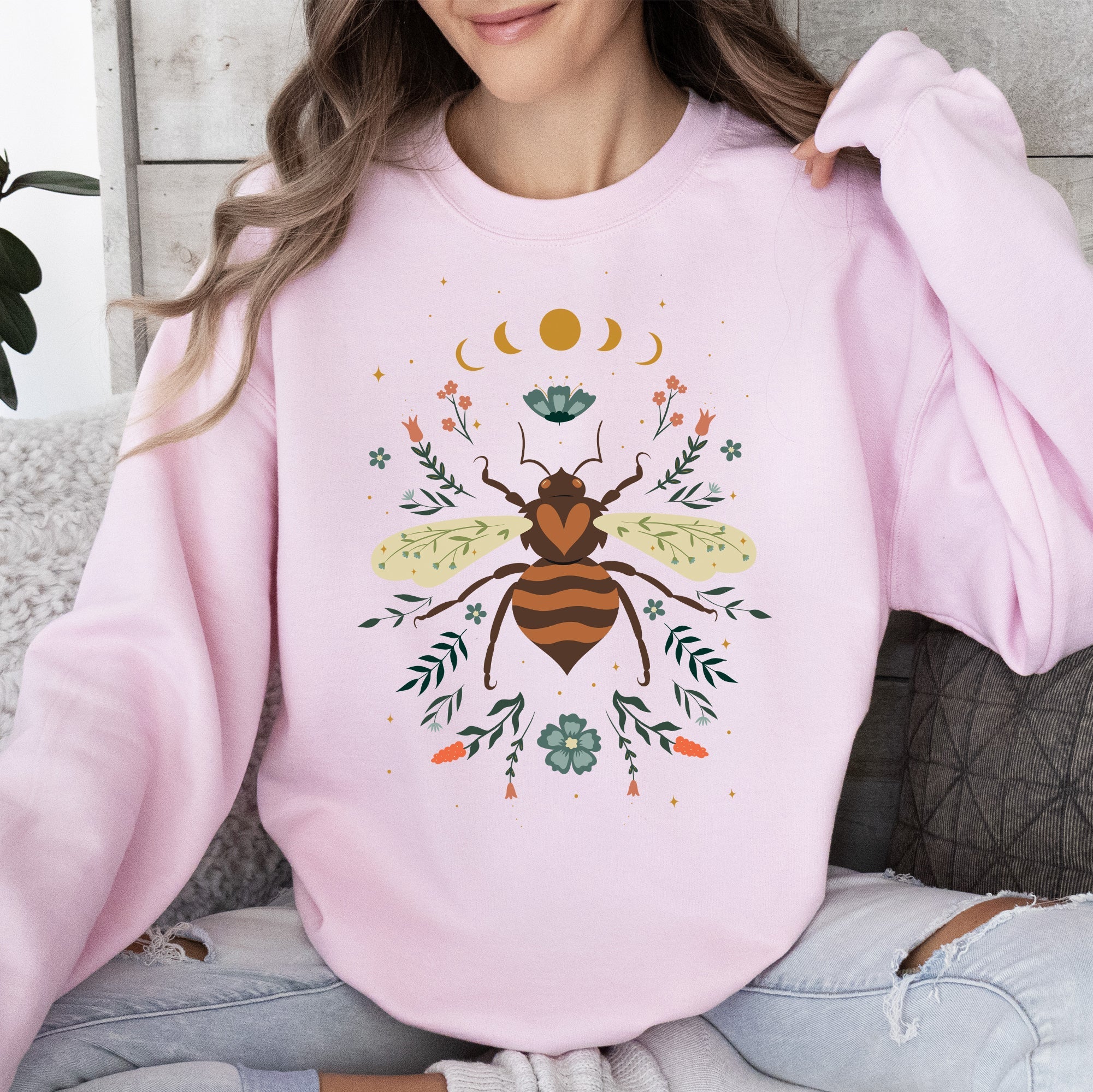 Honey Bee, Forest Moon, Botanical Design Graphic Nature Inspired Cozy Sweatshirt