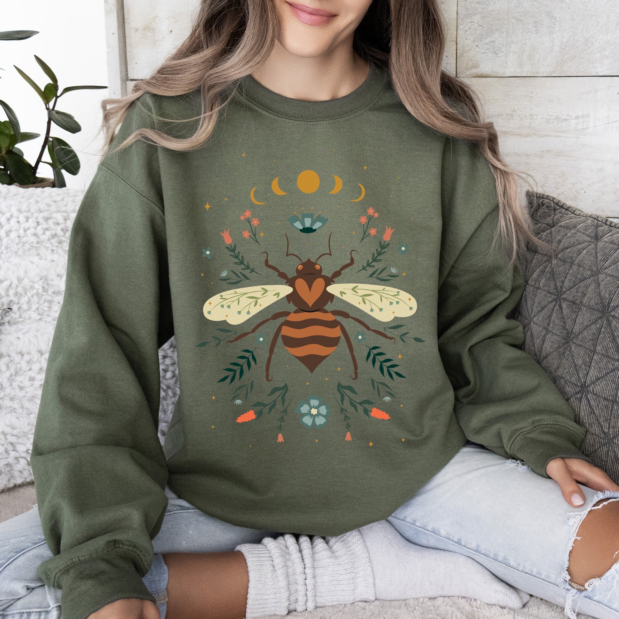 Honey Bee, Forest Moon, Botanical Design Graphic Nature Inspired Cozy Sweatshirt