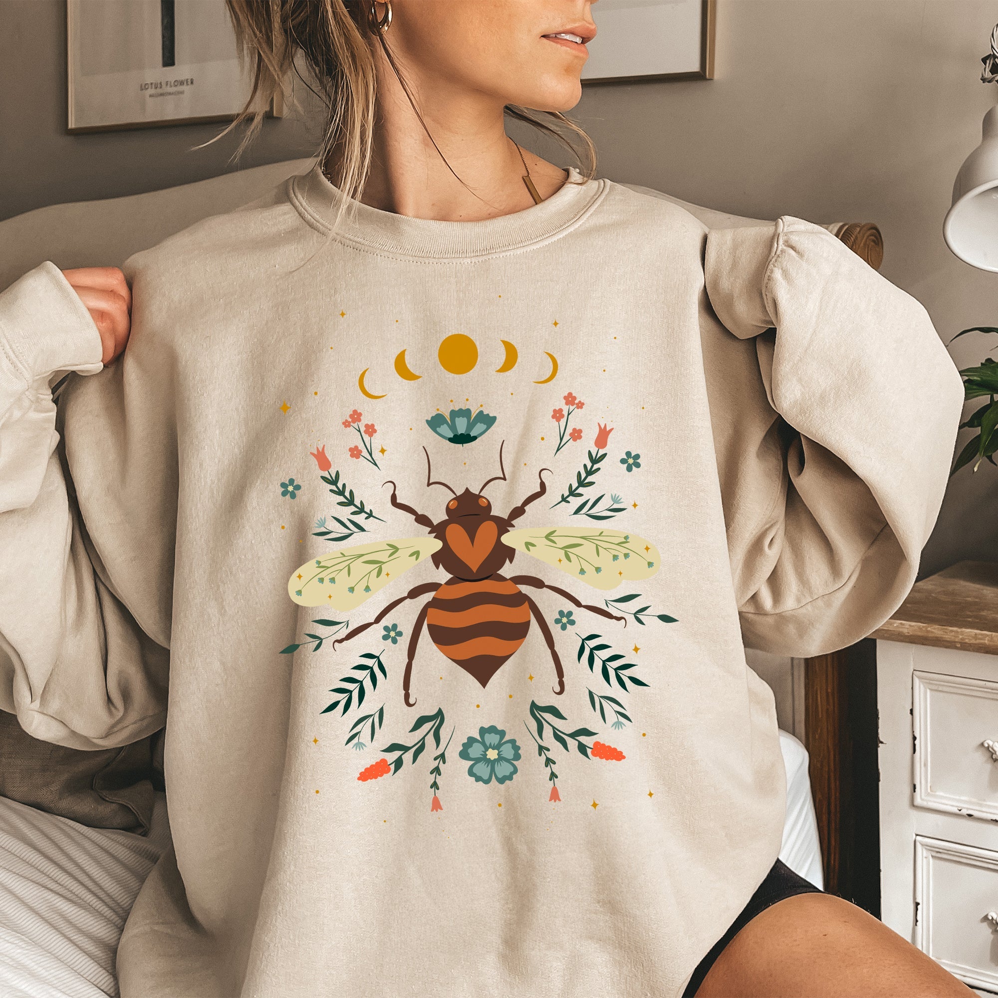 Honey Bee, Forest Moon, Botanical Design Graphic Nature Inspired Cozy Sweatshirt
