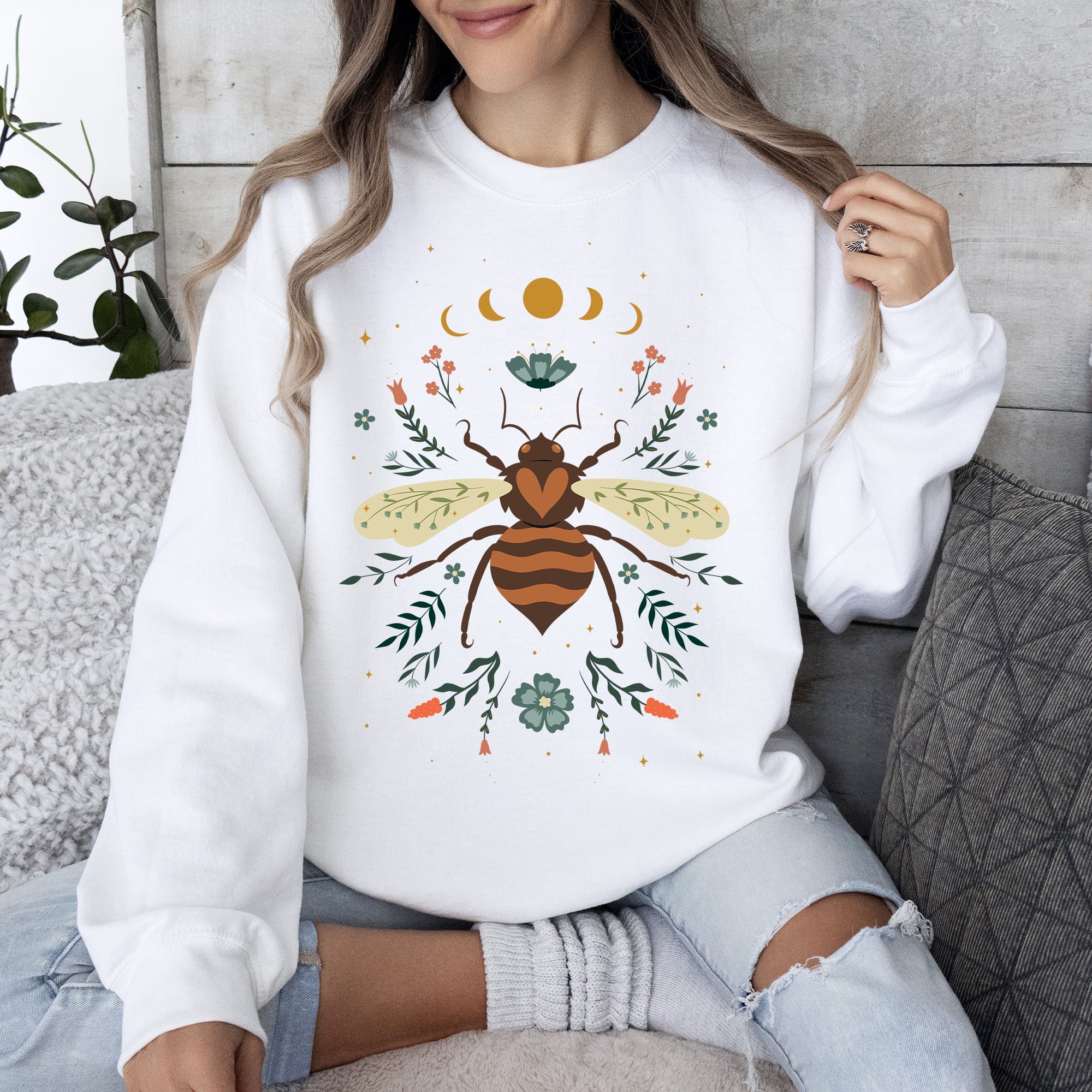 Honey Bee, Forest Moon, Botanical Design Graphic Nature Inspired Cozy Sweatshirt