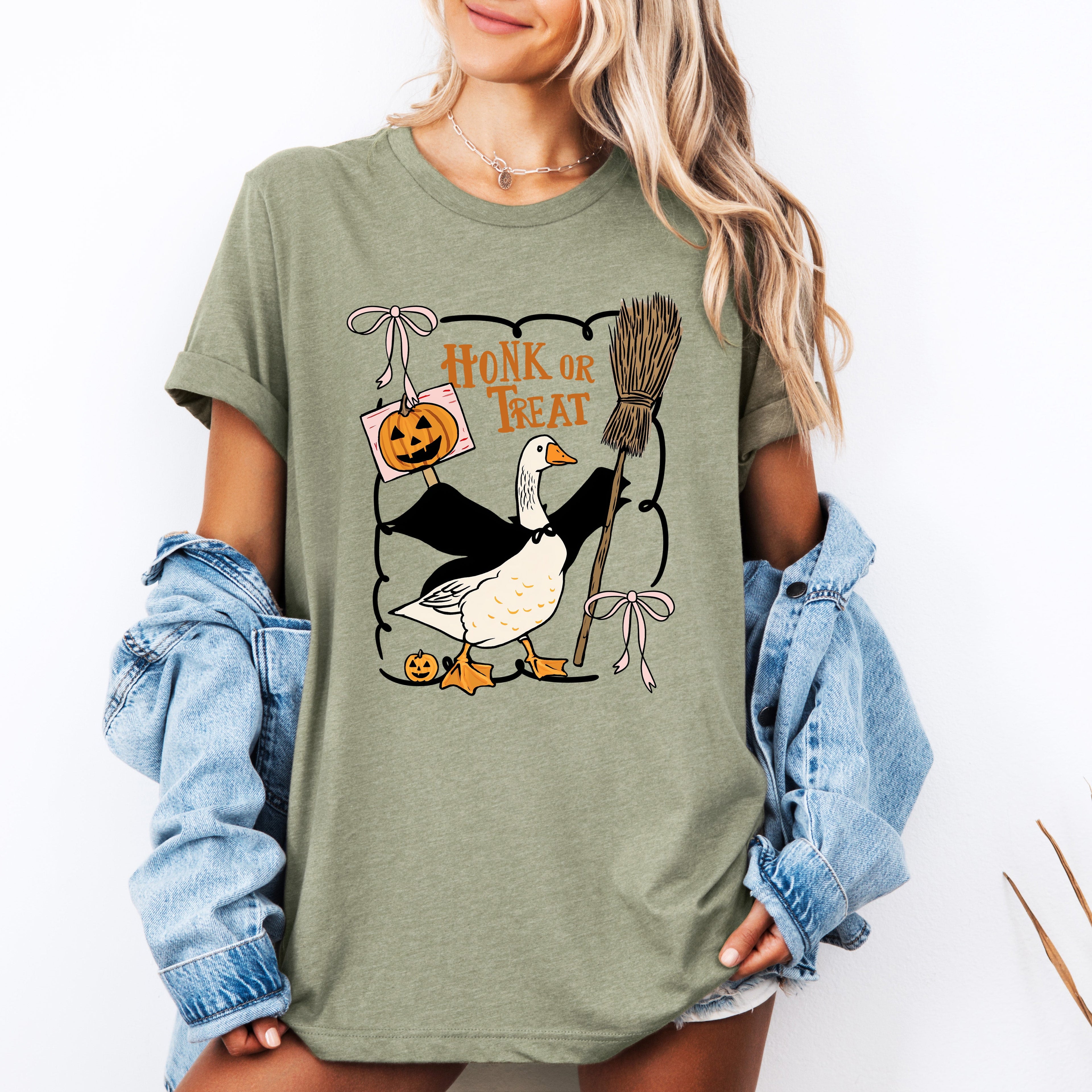 Honk or Treat Cute Goose Halloween Witch Cozy Spooky Season Mascot Illustration For Halloween Party Wear Graphic Tee