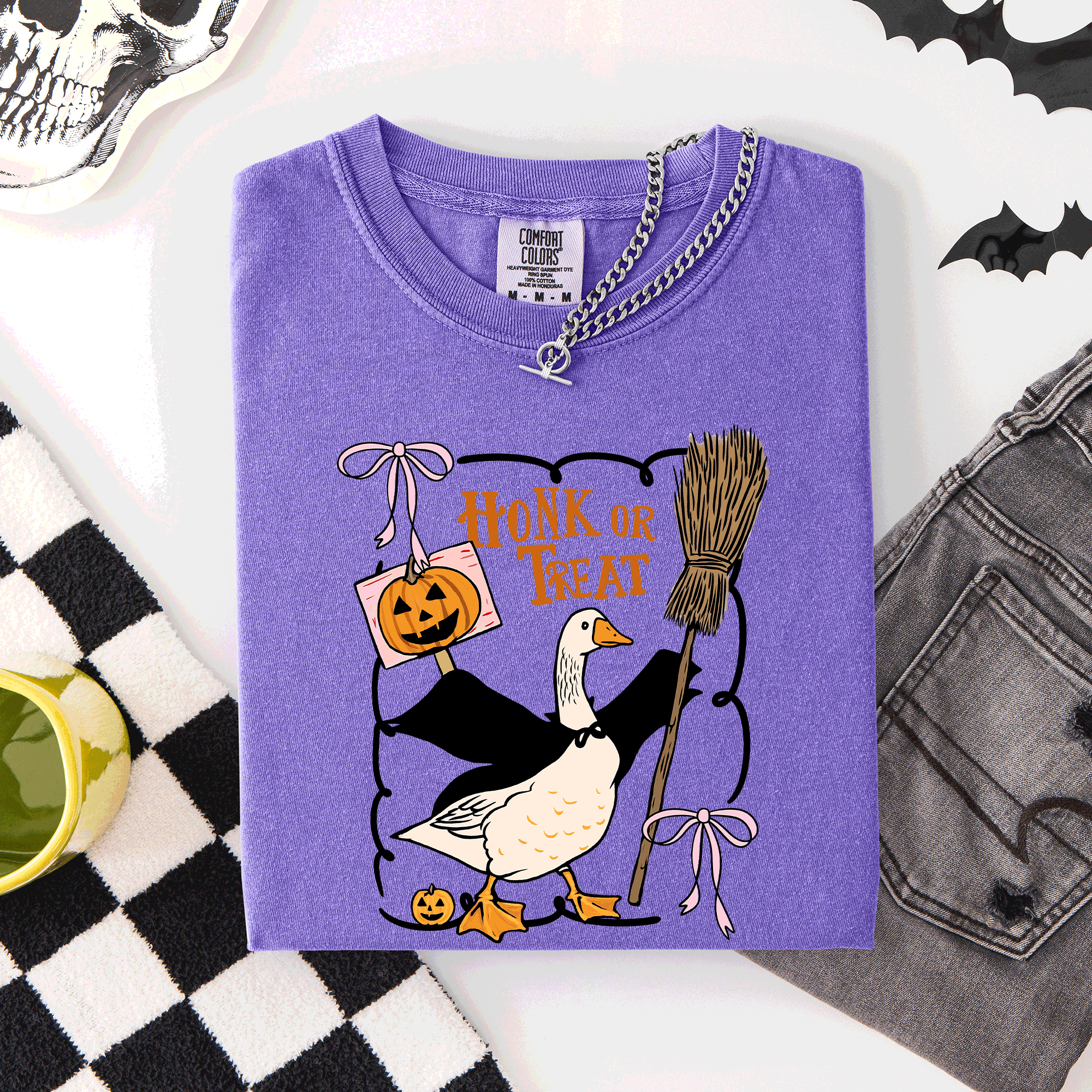 Honk Or Treat Cute Goose Halloween Witch Graphic Celebration Edition Comfort Colors Tee