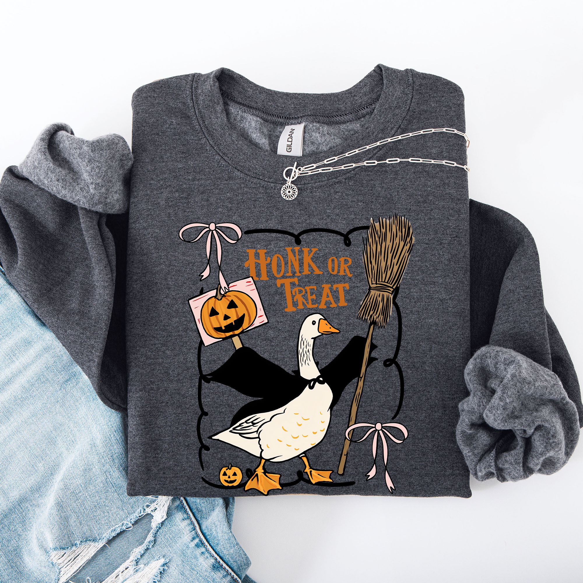 Honk Or Treat Cute Goose Halloween Witch Cozy Graphic Vintage Print Deluxe Sweatshirt