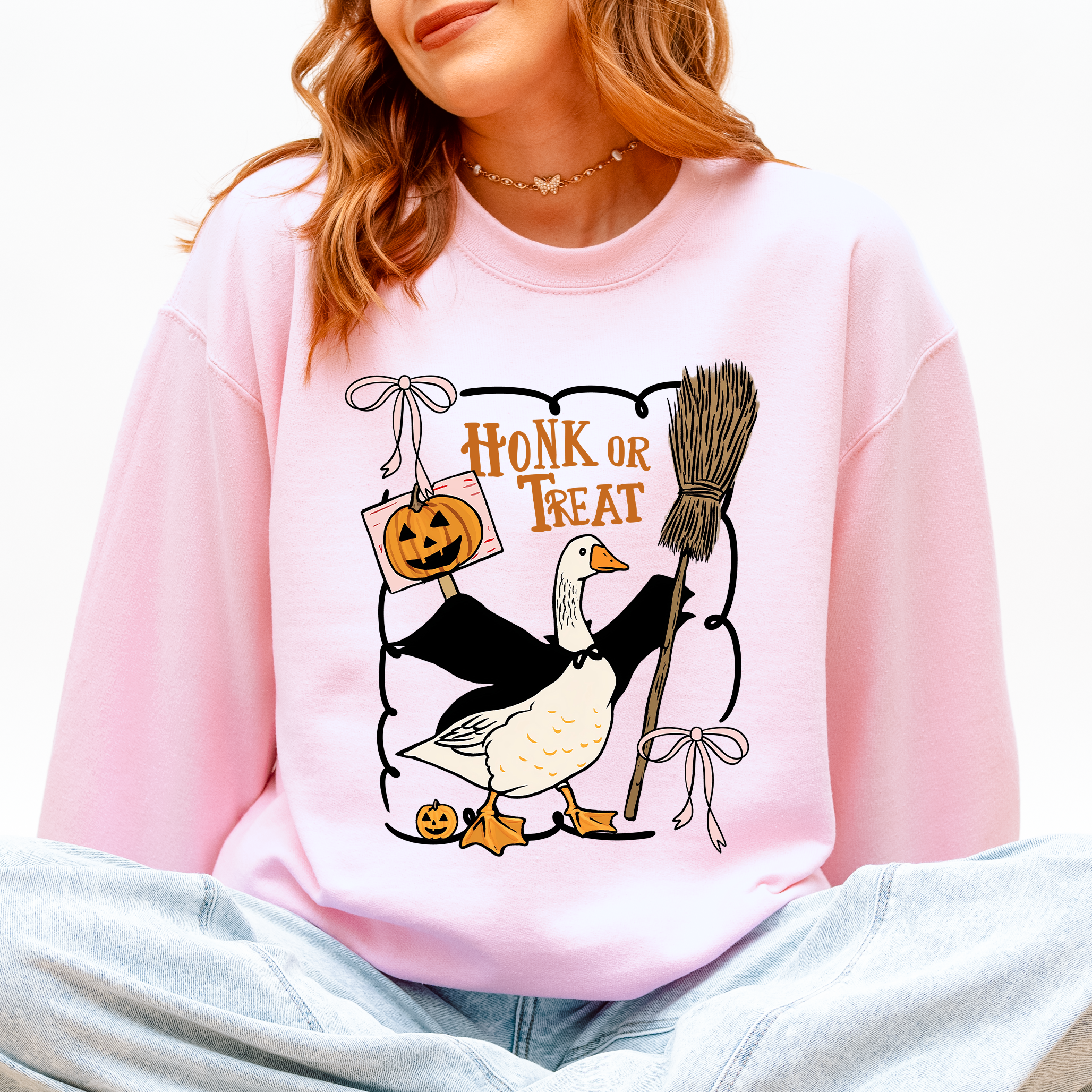 Honk Or Treat Cute Goose Halloween Witch Cozy Graphic Vintage Print Deluxe Sweatshirt