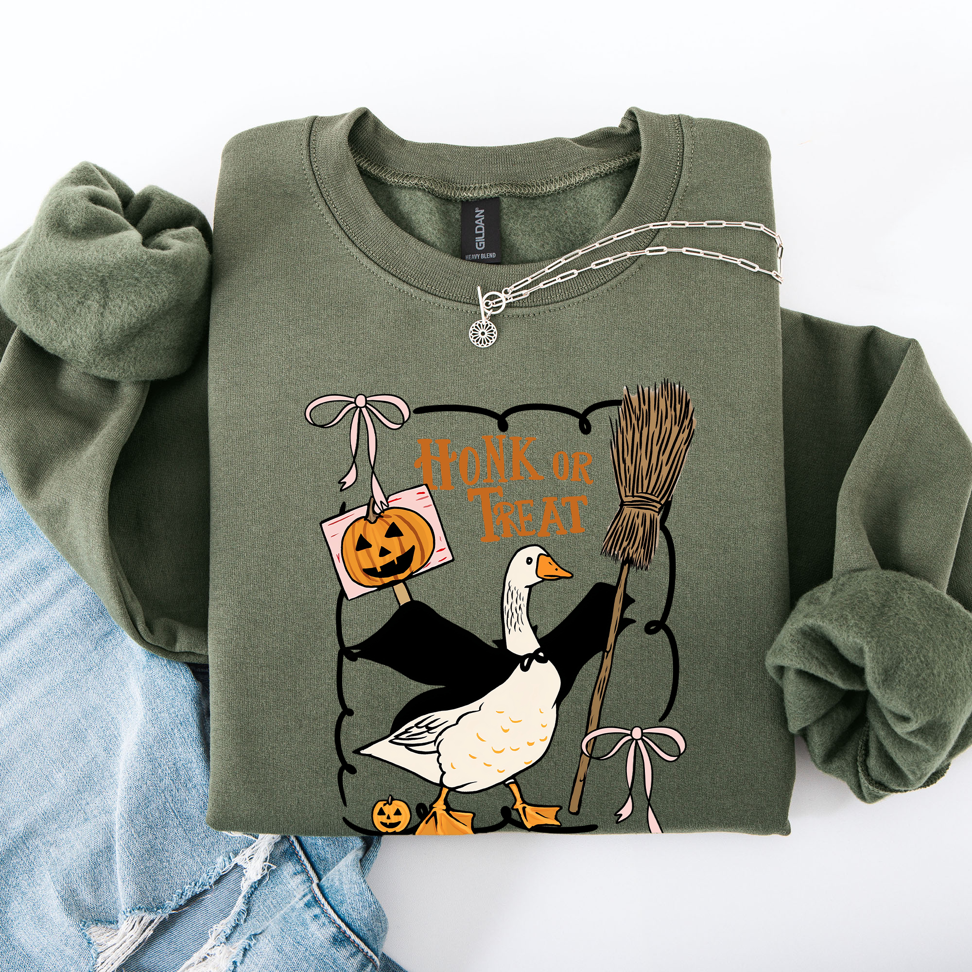 Honk Or Treat Cute Goose Halloween Witch Cozy Graphic Vintage Print Deluxe Sweatshirt