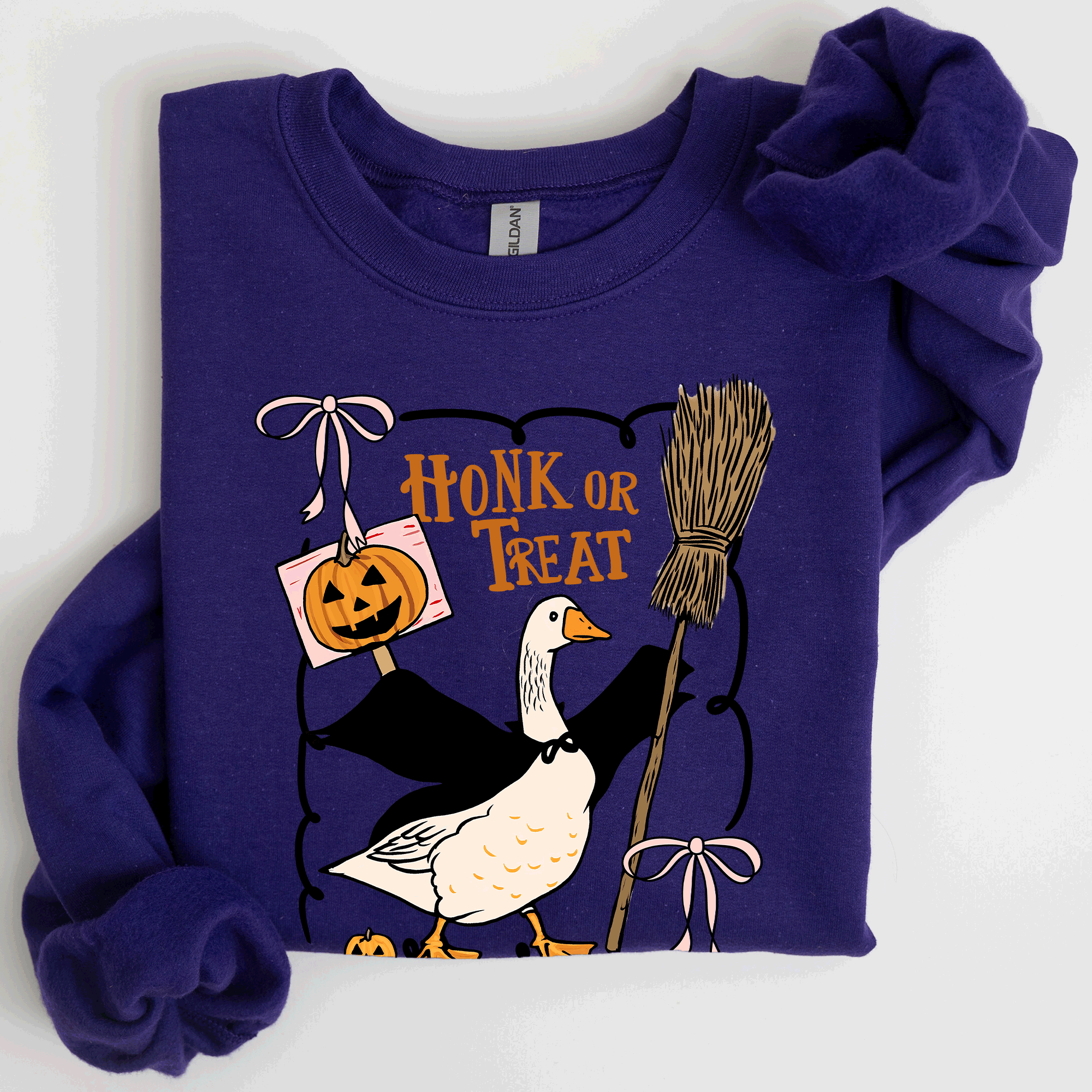 Honk Or Treat Cute Goose Halloween Witch Cozy Graphic Vintage Print Deluxe Sweatshirt