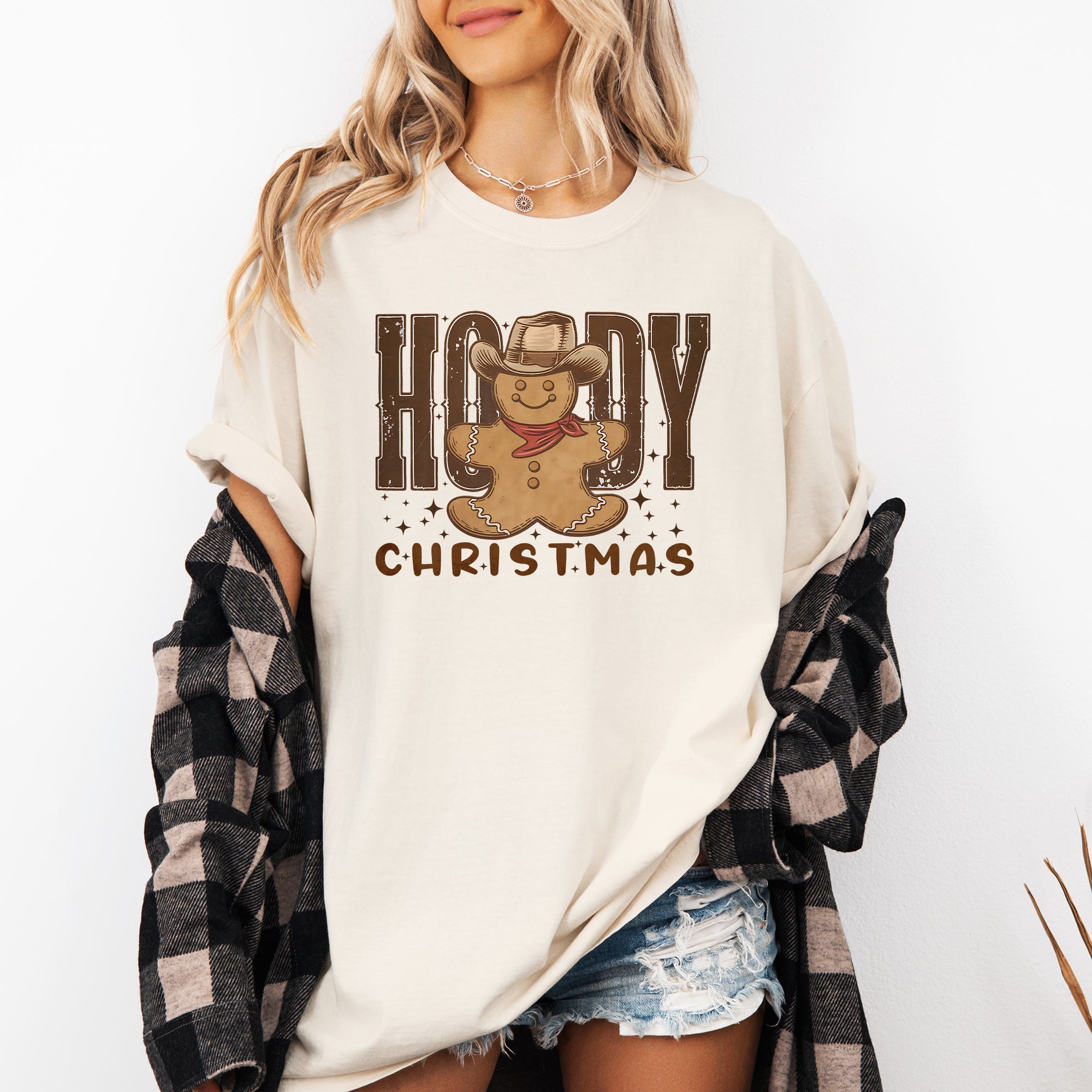 Howdy Christmas Gingerbread Man Cowboy Western Holiday Vintage Inspired Comfort Colors Tee