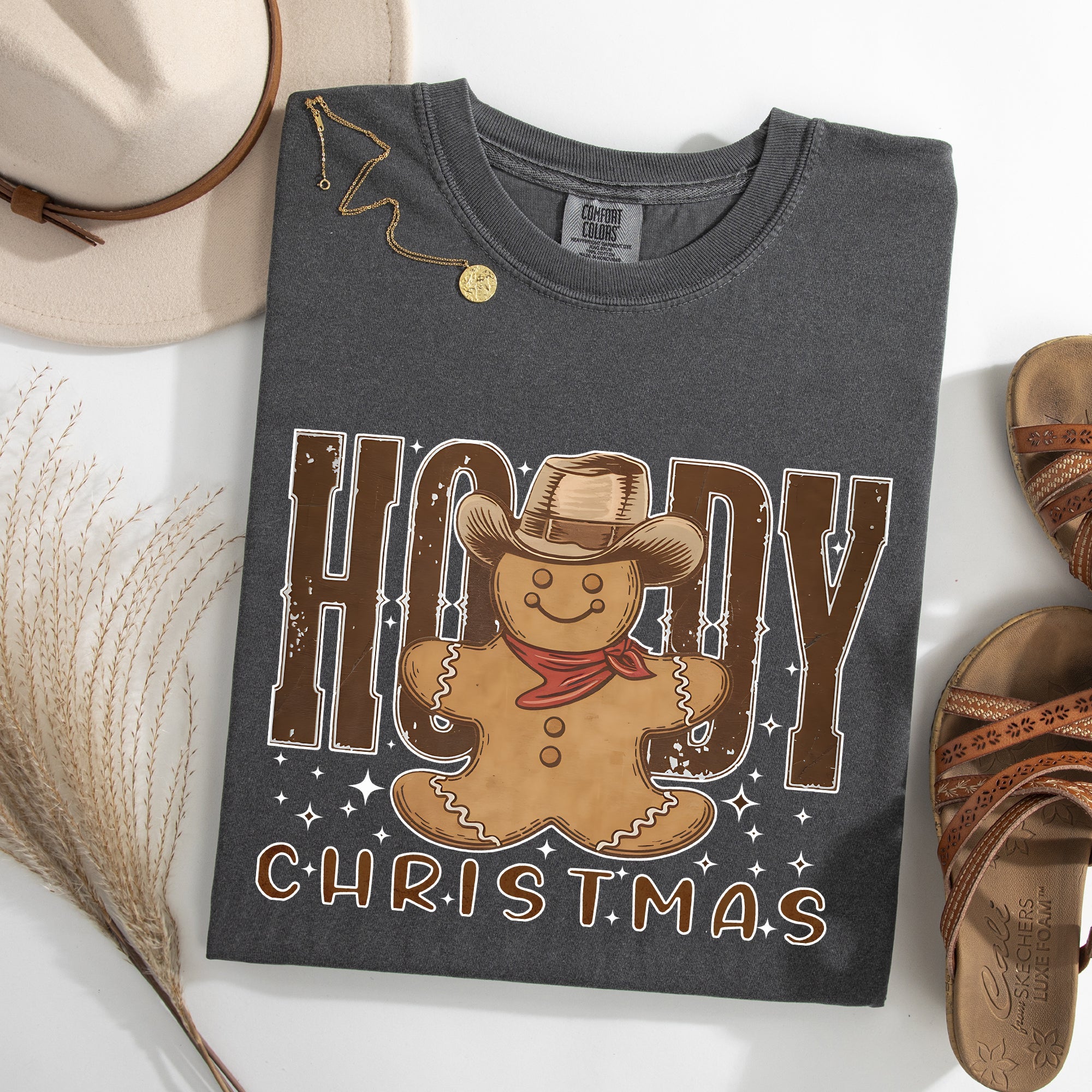 Howdy Christmas Gingerbread Man Cowboy Western Holiday Vintage Inspired Comfort Colors Tee
