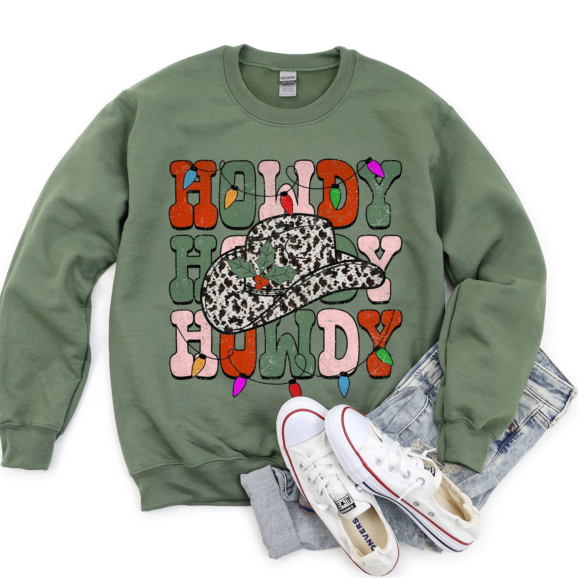 Howdy Christmas Leopard Print Cowboy Hat Retro Text Graphic Seasonal Holiday Sweatshirt