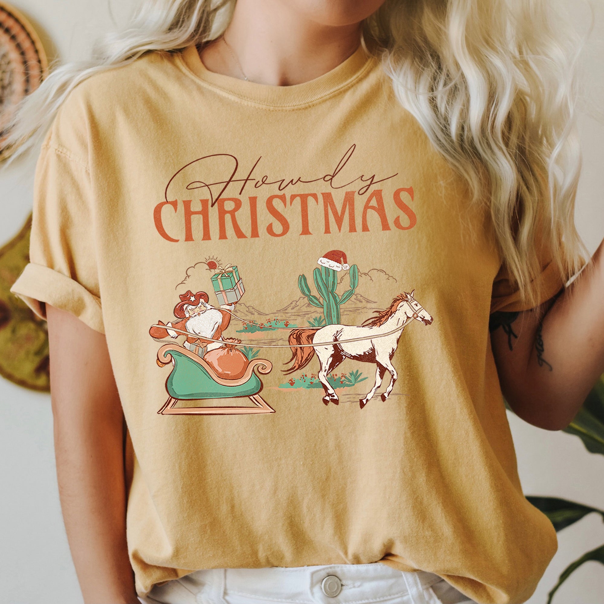 Howdy Christmas Santa Cowboy Horse Sleigh Desert County Western Comfort Colors Tee