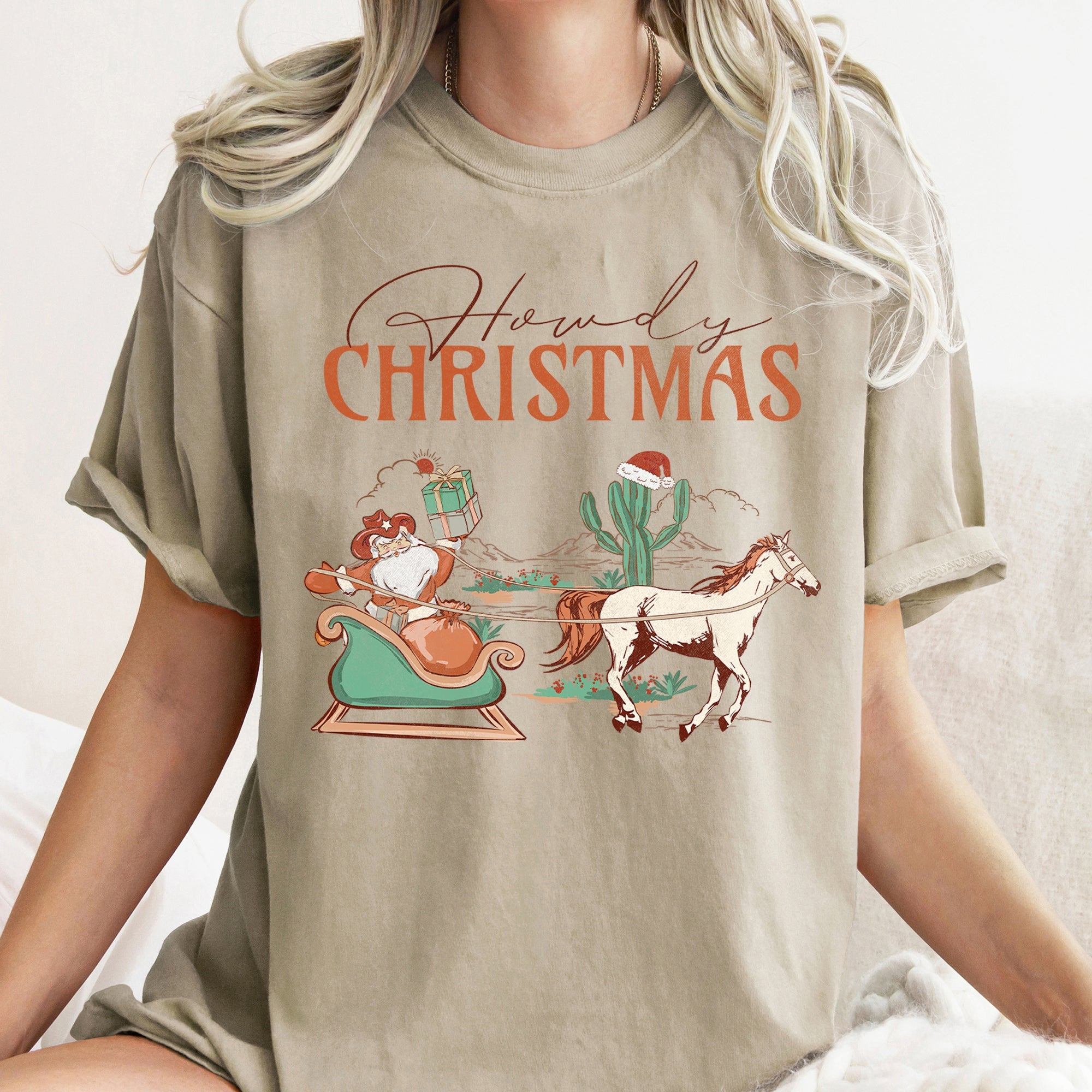 Howdy Christmas Santa Cowboy Horse Sleigh Desert County Western Comfort Colors Tee