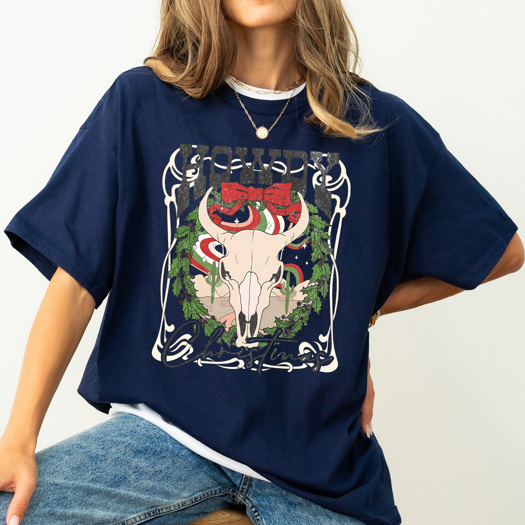 Howdy Christmas Skull Western Cowboy Vintage Holiday Western Illustration Comfort Colors Tee