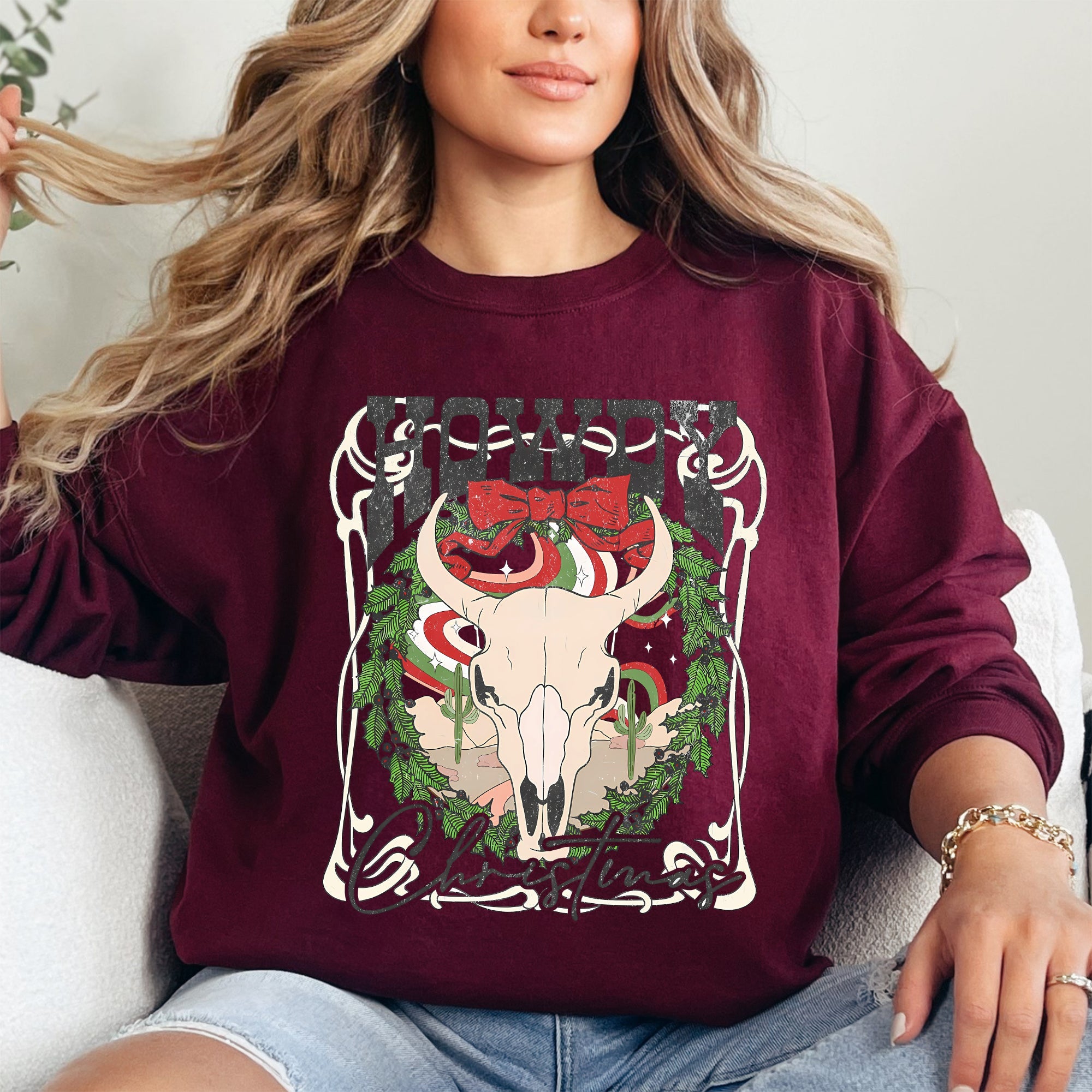 Howdy Christmas Skull Western Cowboy Festive Holiday Edition Graphic Cozy Sweatshirt