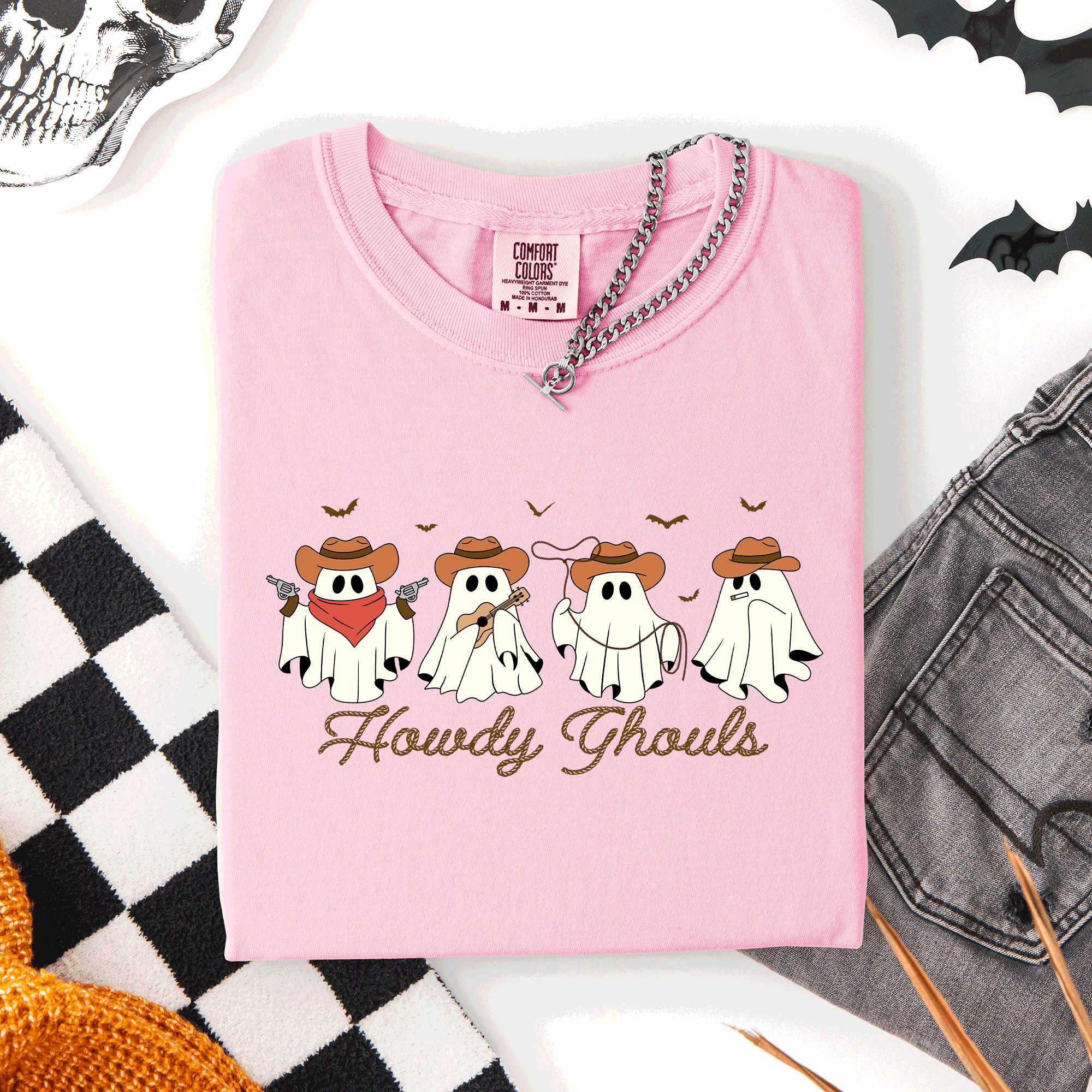 Howdy Ghouls, Cowboy Ghosts Western Halloween Scene With Vintage Sunset Graphics Comfort Colors Tee