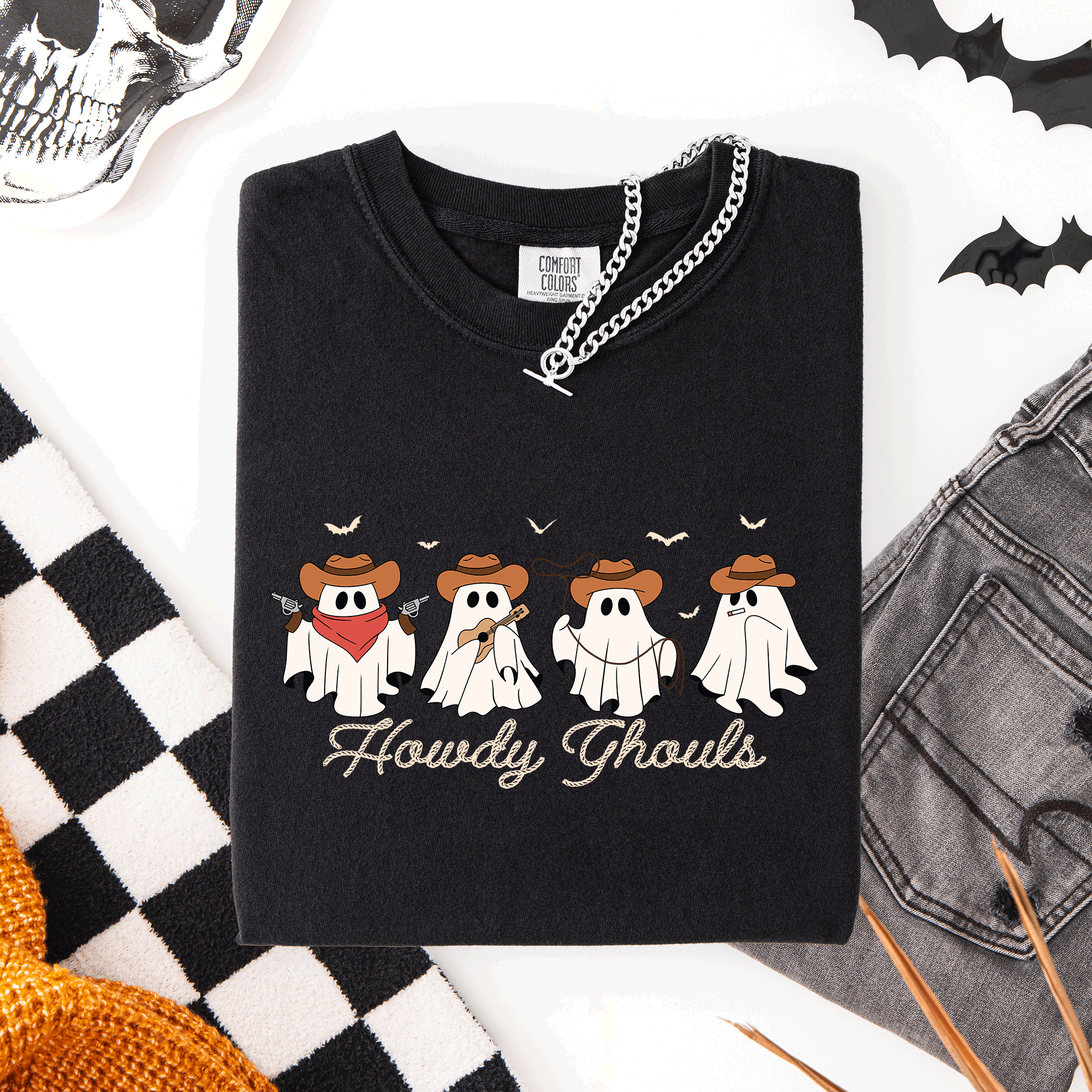 Howdy Ghouls, Cowboy Ghosts Western Halloween Scene With Vintage Sunset Graphics Comfort Colors Tee