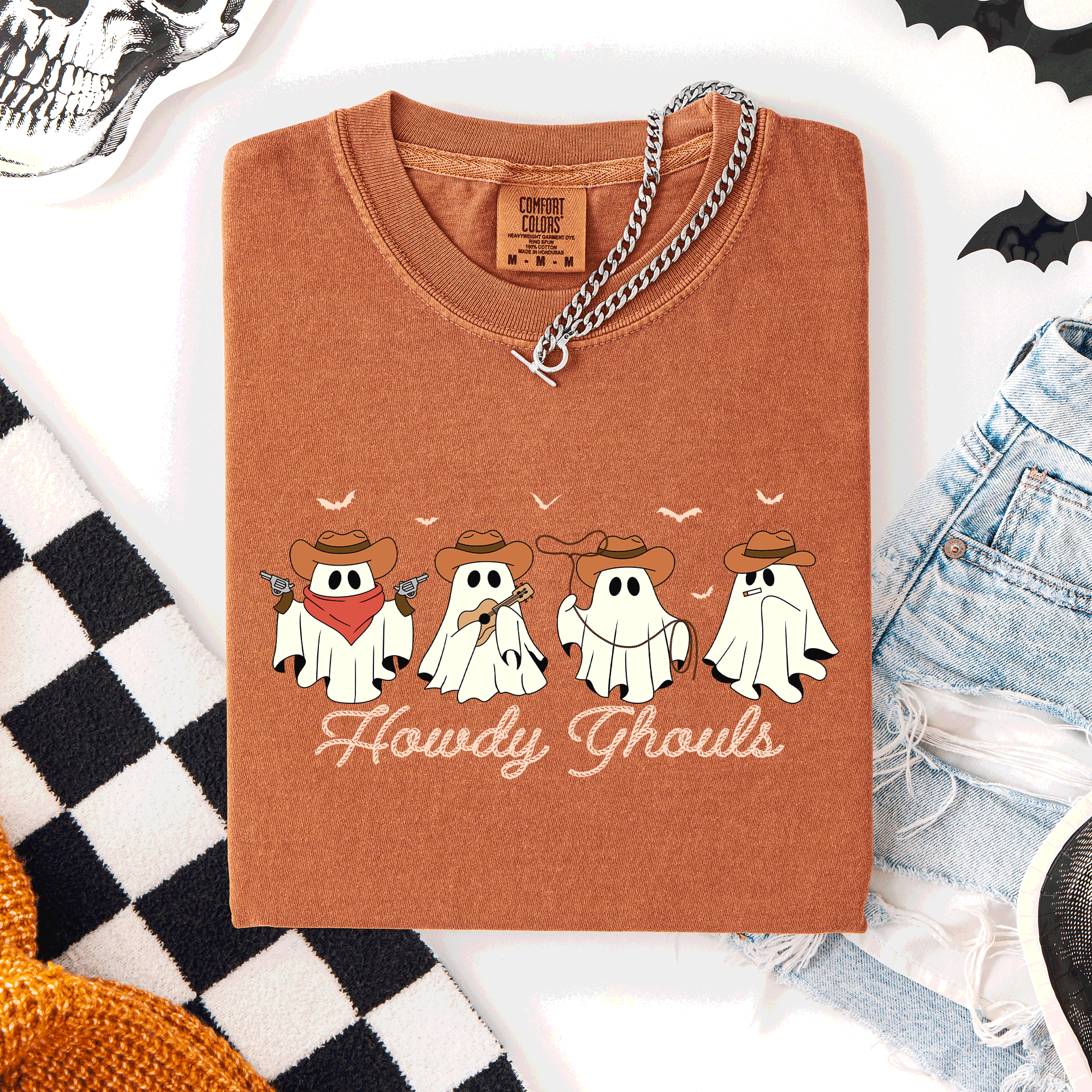Howdy Ghouls, Cowboy Ghosts Western Halloween Scene With Vintage Sunset Graphics Comfort Colors Tee