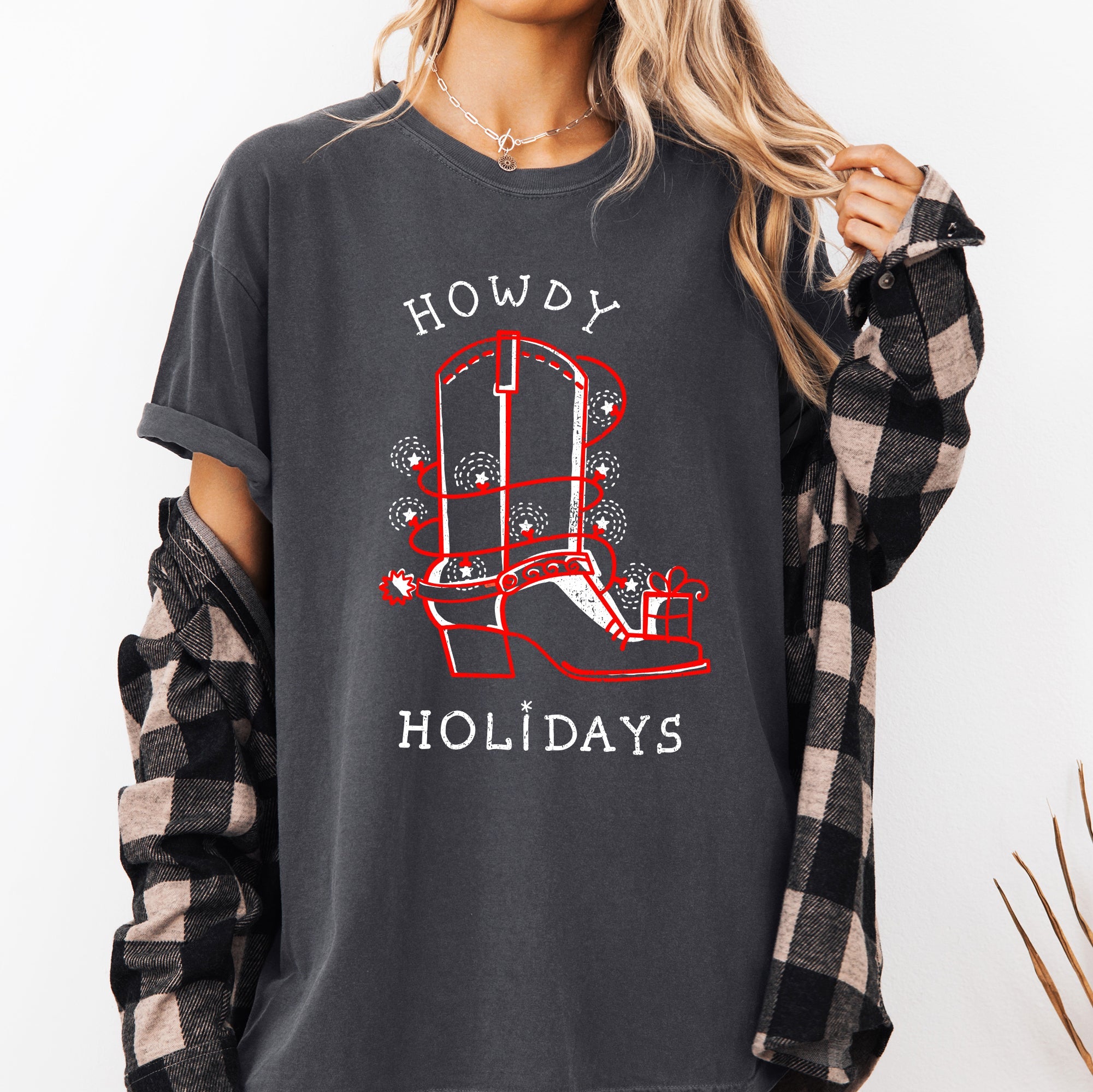 Howdy Holidays Christmas Cowboy Boot Country Western Xmas Vintage Comfort Colors Tee