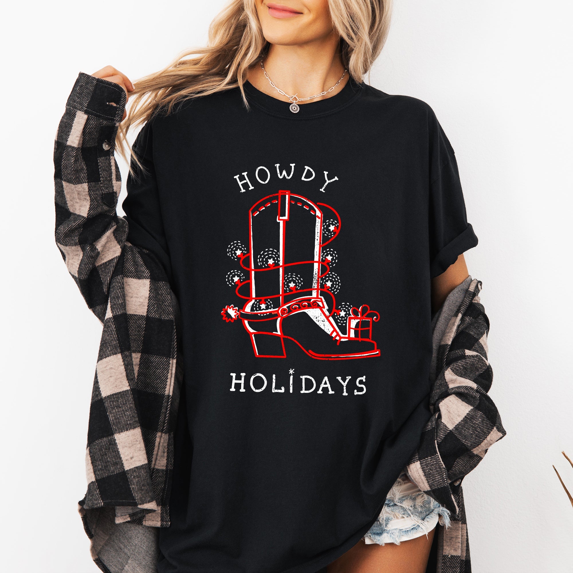 Howdy Holidays Christmas Cowboy Boot Country Western Xmas Vintage Comfort Colors Tee