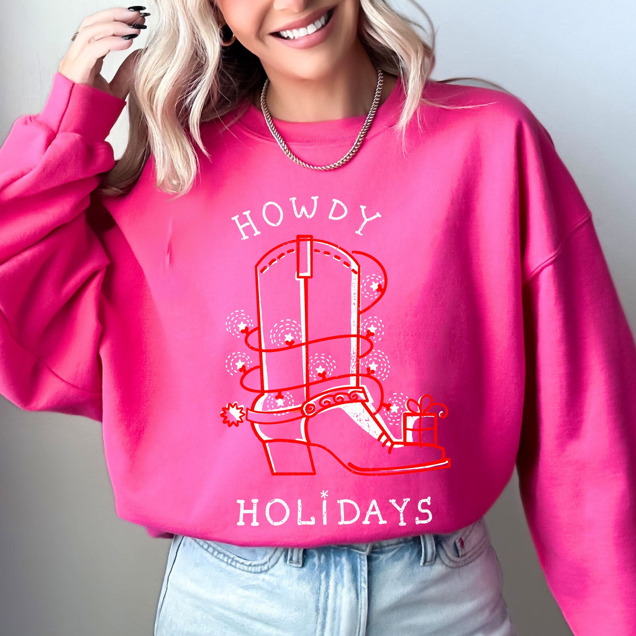 Howdy Holidays Christmas Cowboy Boot Country Western Xmas Graphic Premium Sweatshirt