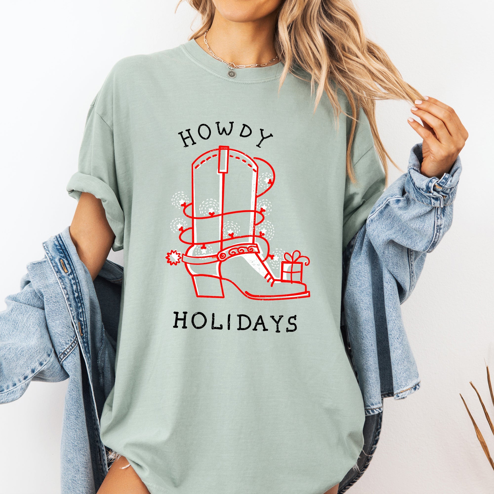 Howdy Holidays Christmas Cowboy Boot Country Western Xmas Vintage Comfort Colors Tee