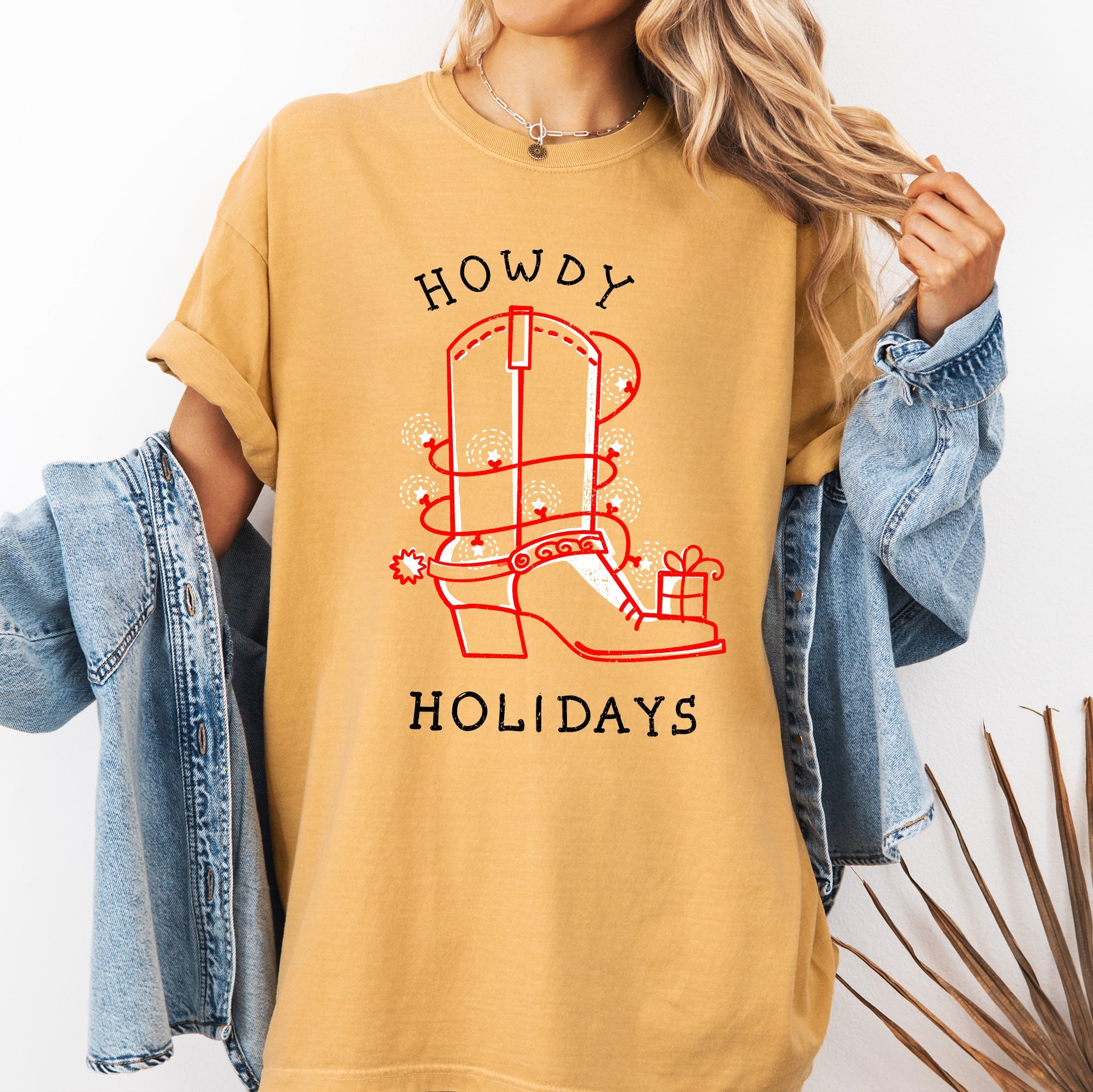 Howdy Holidays Christmas Cowboy Boot Country Western Xmas Vintage Comfort Colors Tee
