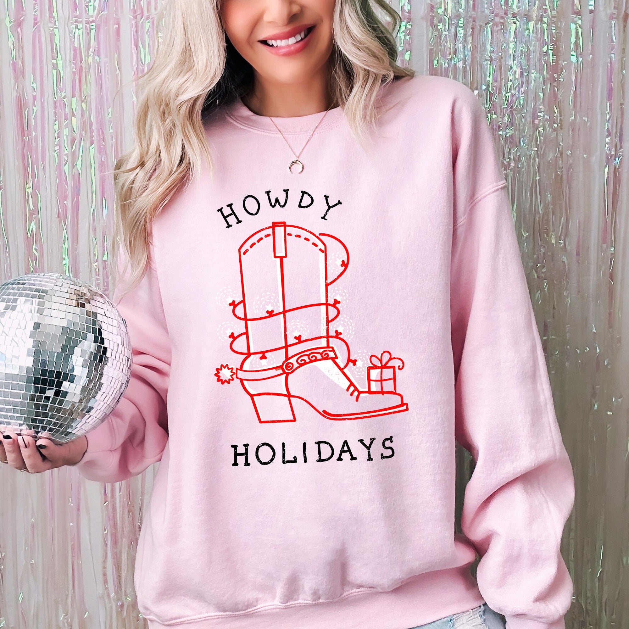 Howdy Holidays Christmas Cowboy Boot Country Western Xmas Graphic Premium Sweatshirt