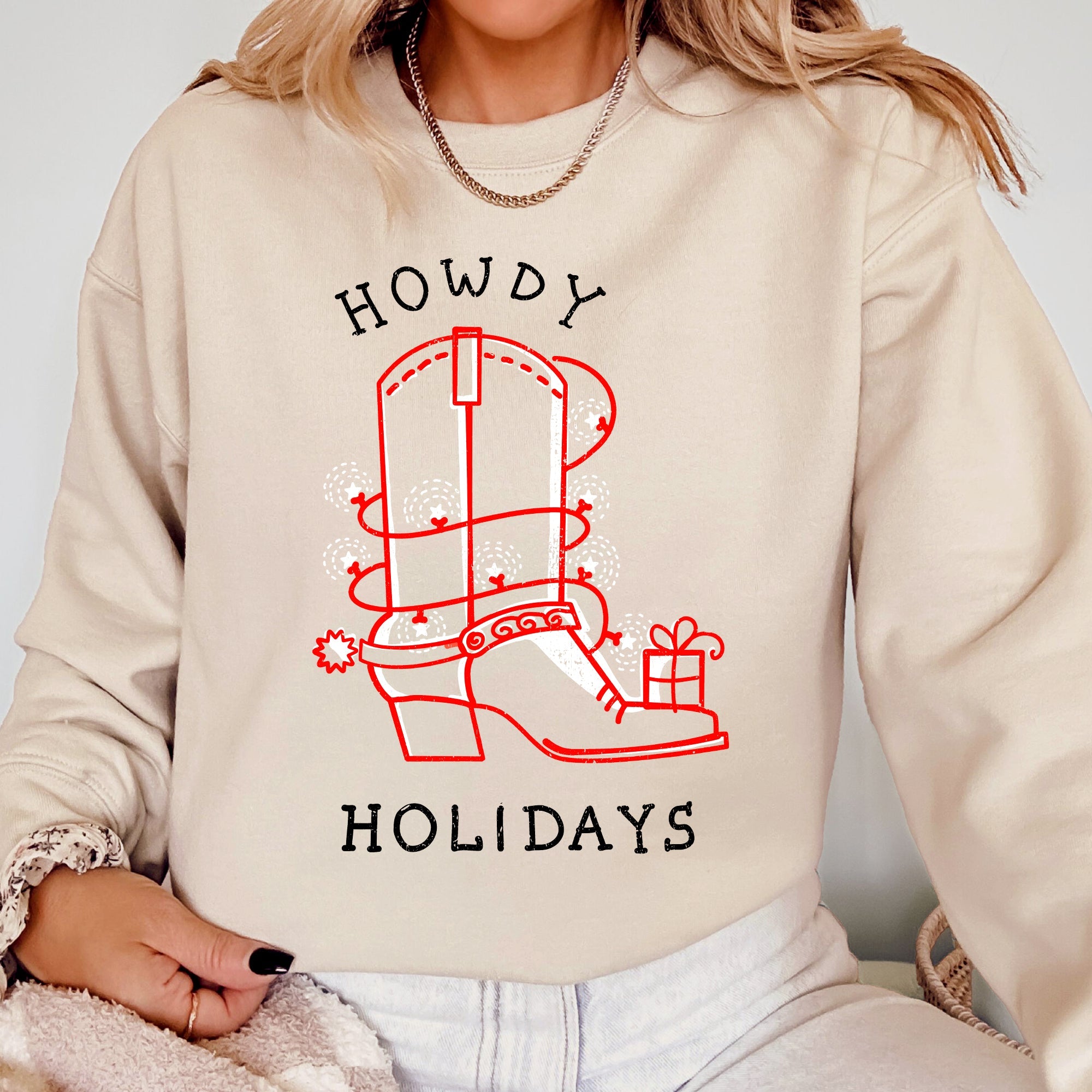 Howdy Holidays Christmas Cowboy Boot Country Western Xmas Graphic Premium Sweatshirt