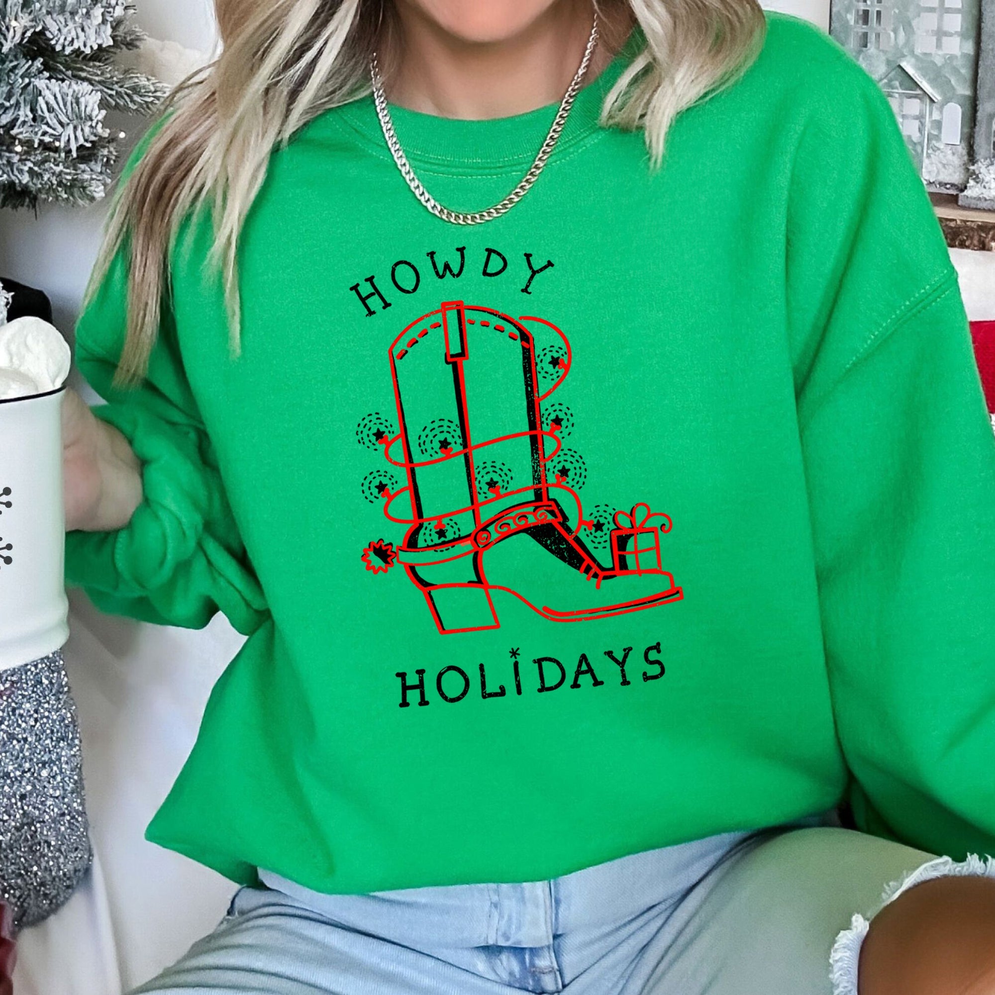 Howdy Holidays Christmas Cowboy Boot Western Holiday Spirit Graphic Festive Sweatshirt
